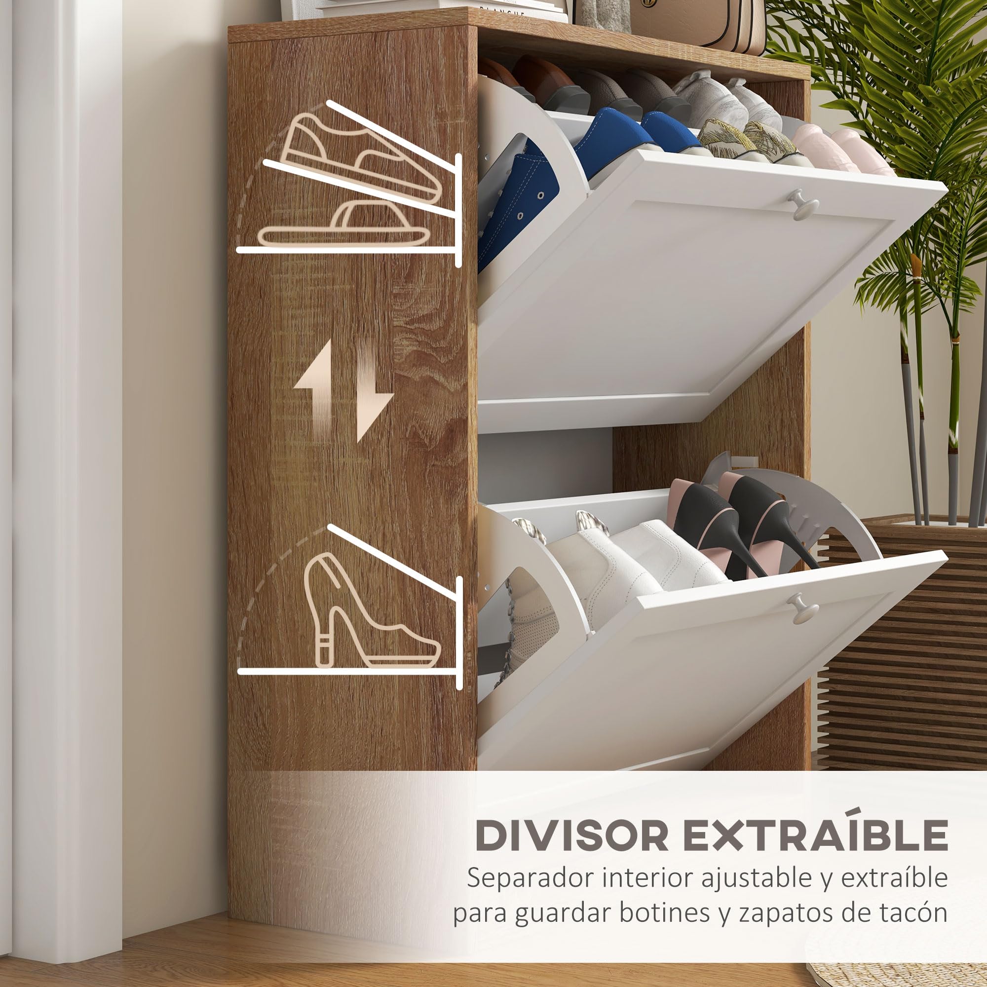 HOMCOM Zapatero Estrecho con 2 Puertas 60x24,5x75,5 cm Natural y Blanco | Zapatero para Entrada Recibidor,Estantes Regulables,Capacidad para 12 Pares de Zapatos,para Pasillo y Espacios Pequeños