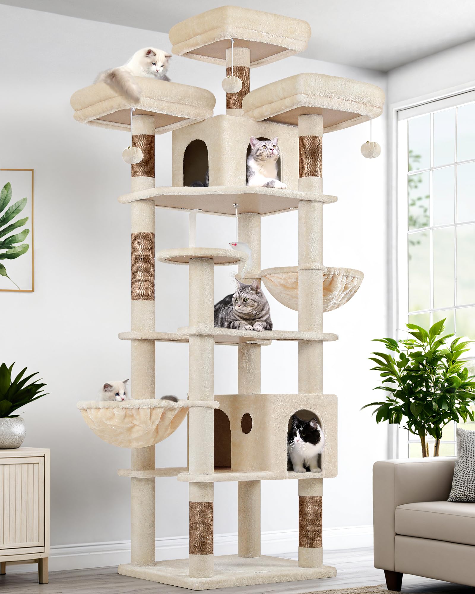 Globlazer F82 Kratzbaum XXL 209 cm Luxus Schloss für Große Katzen, Beige | Katzenbaum Stabil über 2 Meter mit 3 Sitzstangen, 2 Katzenhaus, 2 Korb Plattform, Aktivitätskratzbäume für 2/3/4 Katzen Innen