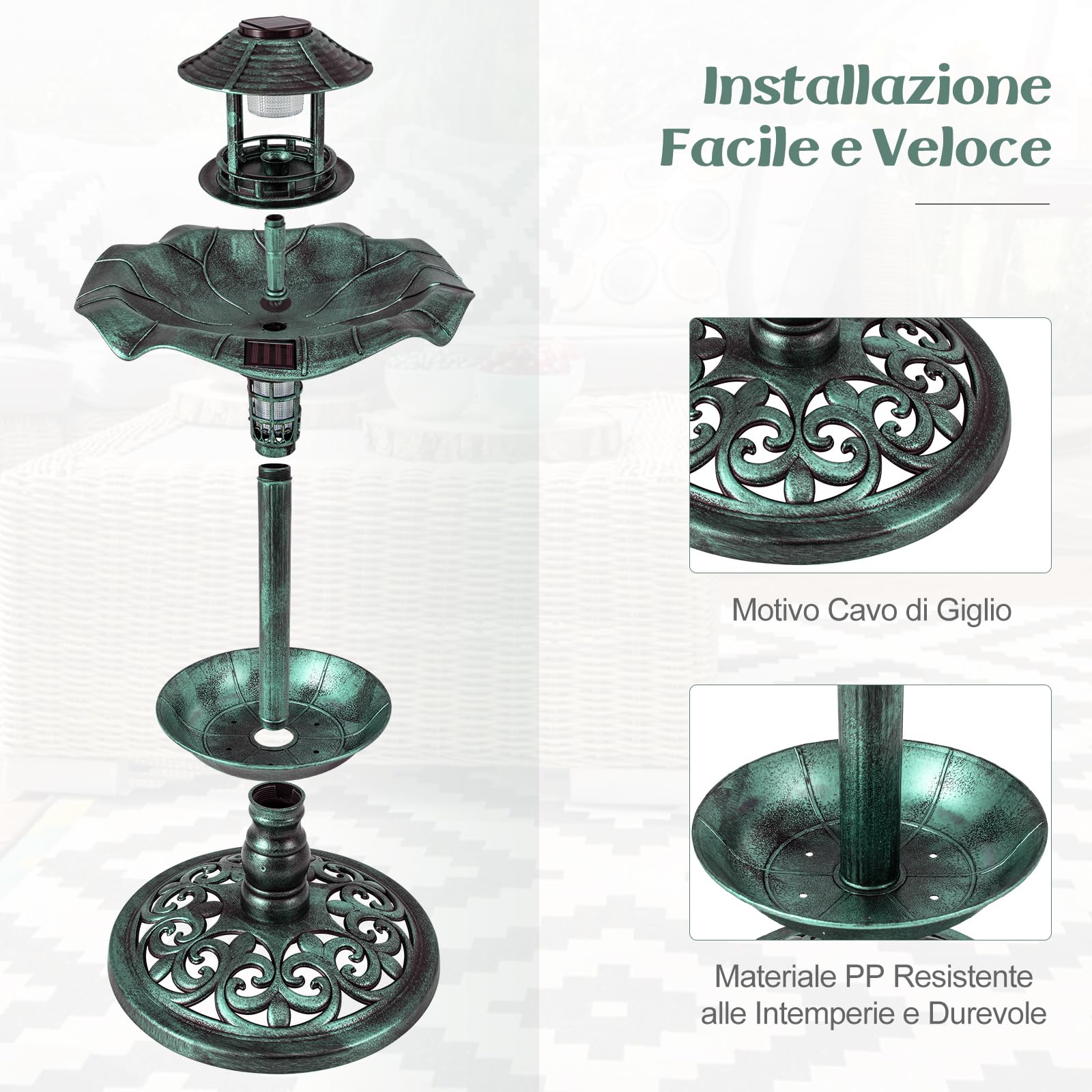 COSTWAY Vasca per Uccelli da Giardino a Energia Solare, Abbeveratoio e Mangiatoia per Uccelli da Esterno con 2 Lampade a Energia Solare, Fioriera e Supporto Riempibile (Verde)