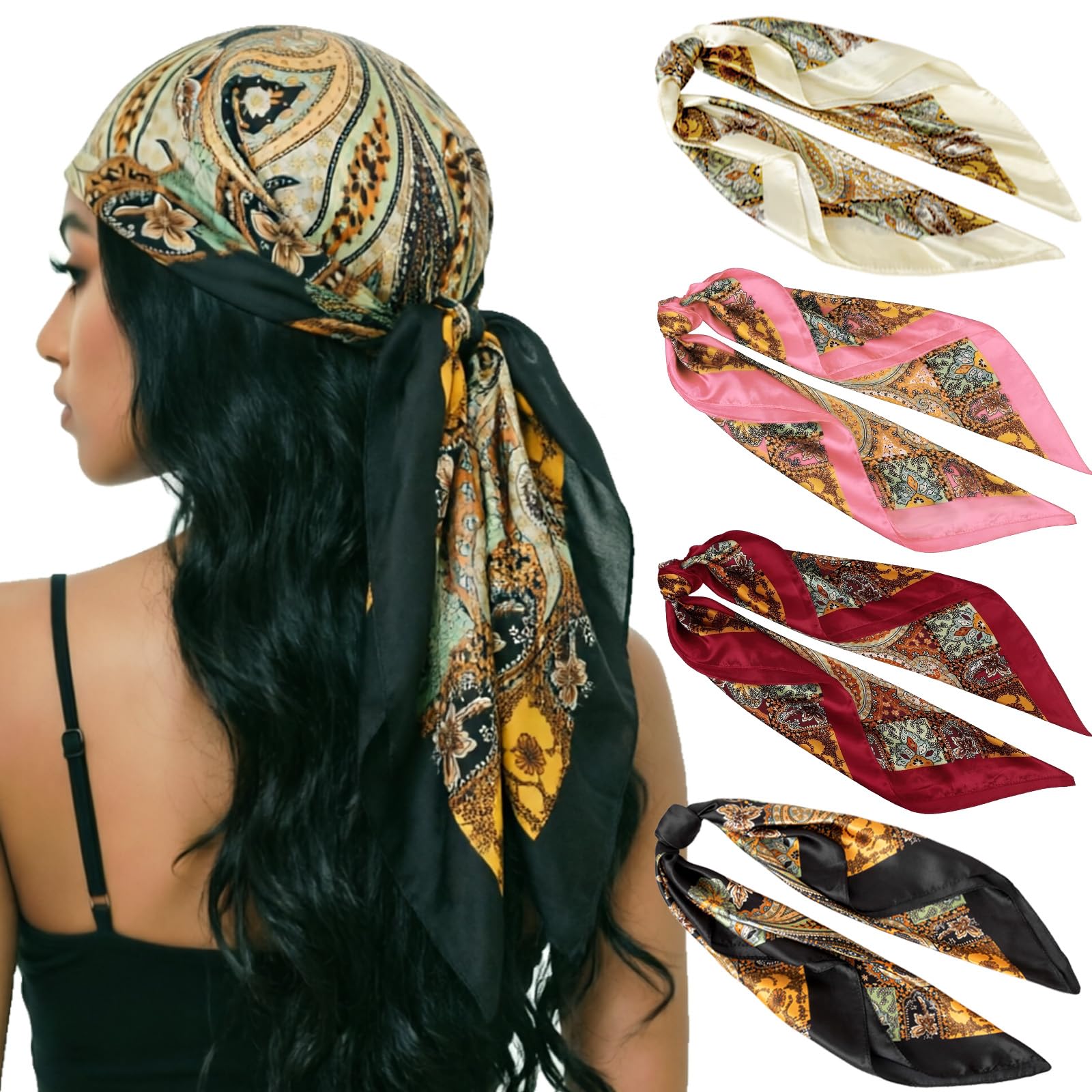 DRESHOW 35” Large Square Satin Head Scarf - 4Pcs Silk Accessories Classic Patterned Squares Beach Bandanas for Women