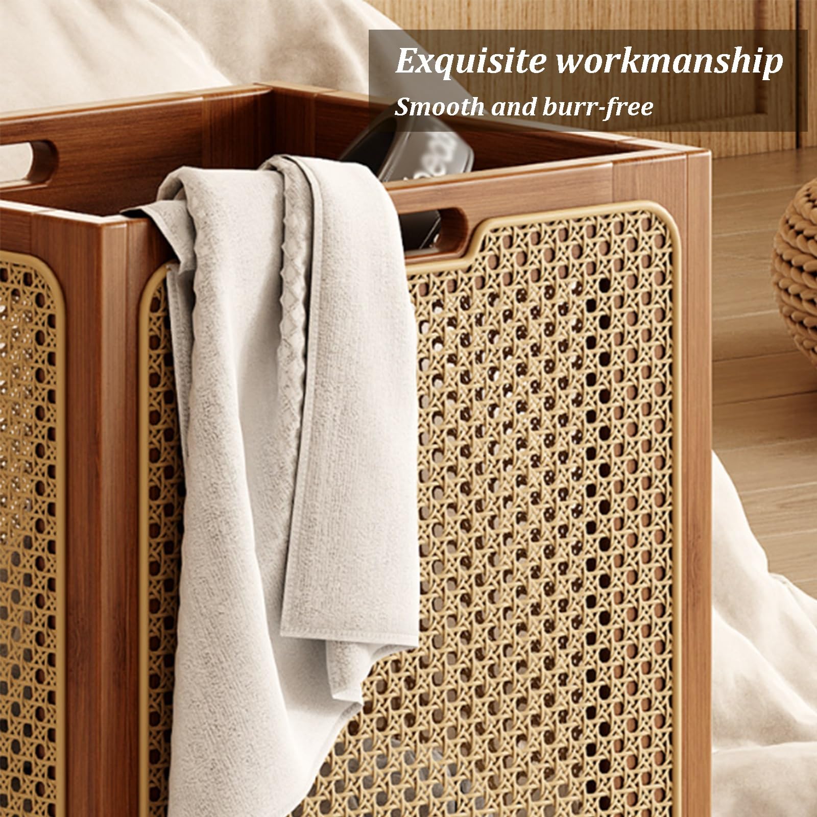 Cesta de bambú con ruedas, cesta grande y estrecha con asa para lavandería, dormitorio, almacenamiento de ropa