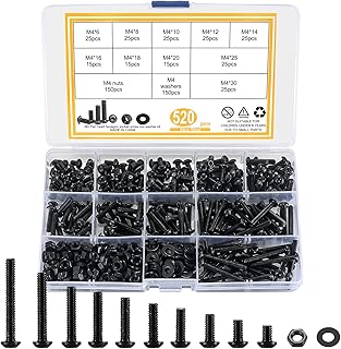 Metric Nuts and Bolts Assortment Kit, 520 Pcs M4 Button Head Hex Socket Cap Screws Bolts and Hex Nuts and Flat Washer Set, Black Allen Hex Drive, Fully Threaded, 10.9 Grade Alloy Steel
