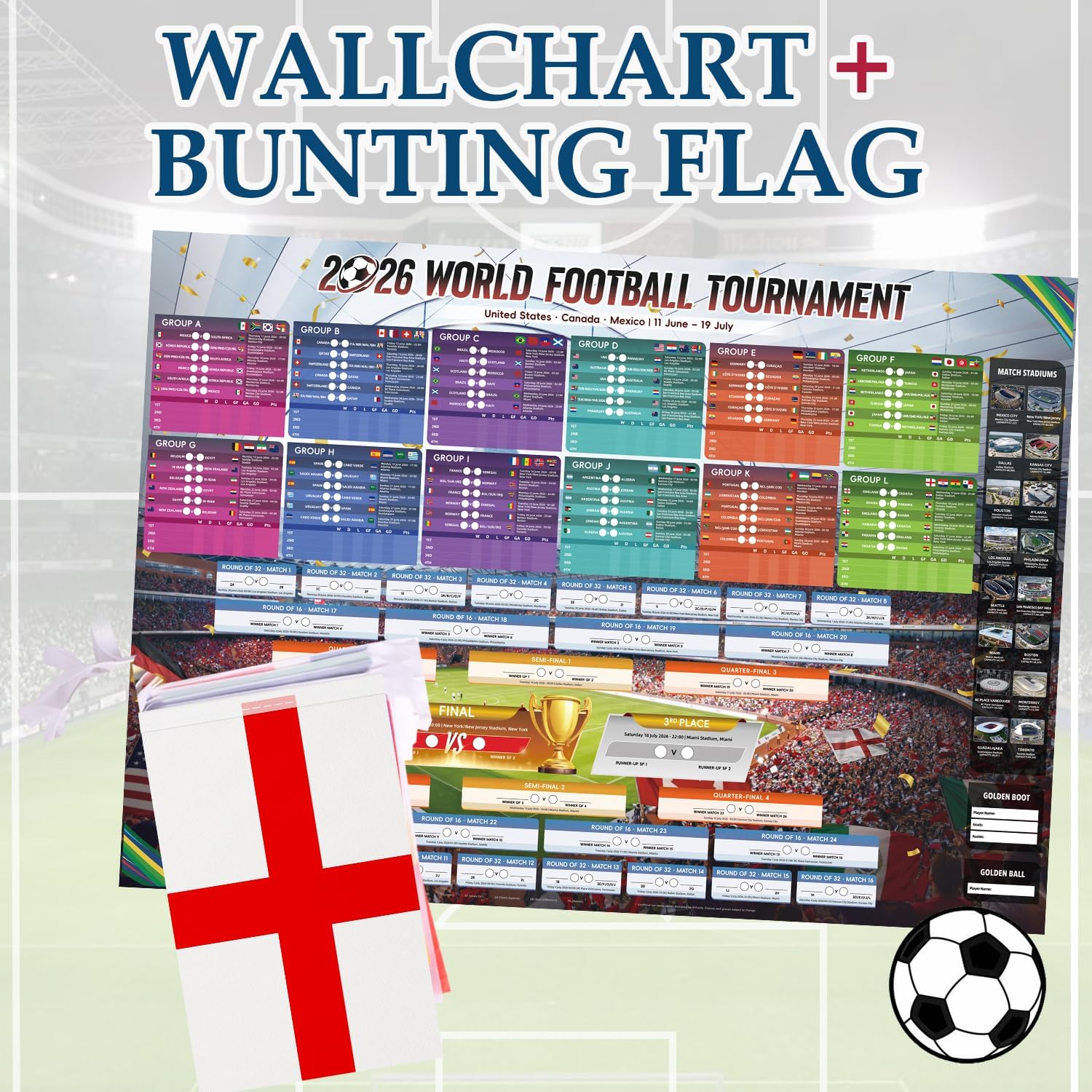 AhfuLife Banderines de 2026 Fútbol de la Copa del Mundo y Póster de Calendario, 14x21cm-15m Banderines de Mundo, Póster de Calendario 100x70cm, Decoración para la Copa Mundial, Fútbol y Fiestas — view 6