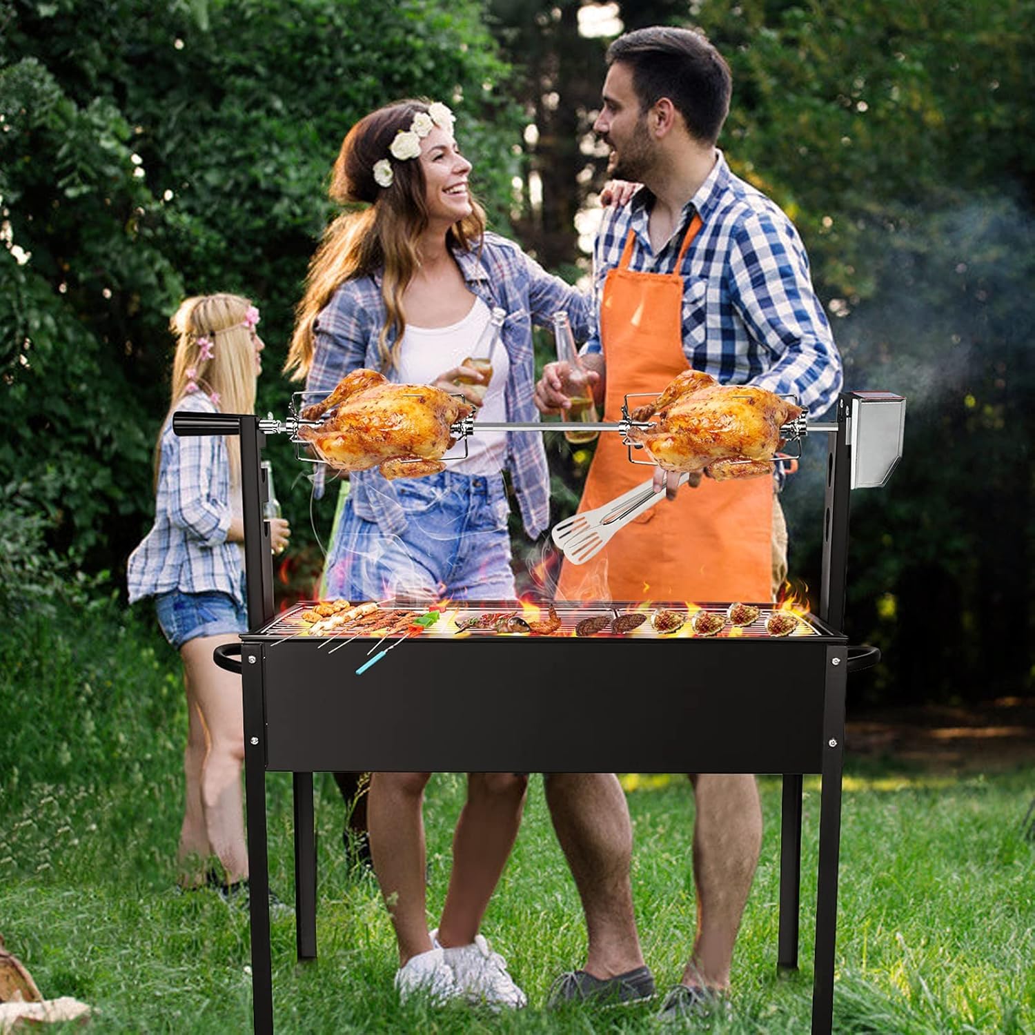 AufuN Zestaw obrotowych szpikulców ze stali nierdzewnej, grill gazowy, rożen do grilla 107 cm, z 4 igłami do mięsa, 220 V – 240 V, elektryczny rożen obrotowy, na podróż, kemping, piknik