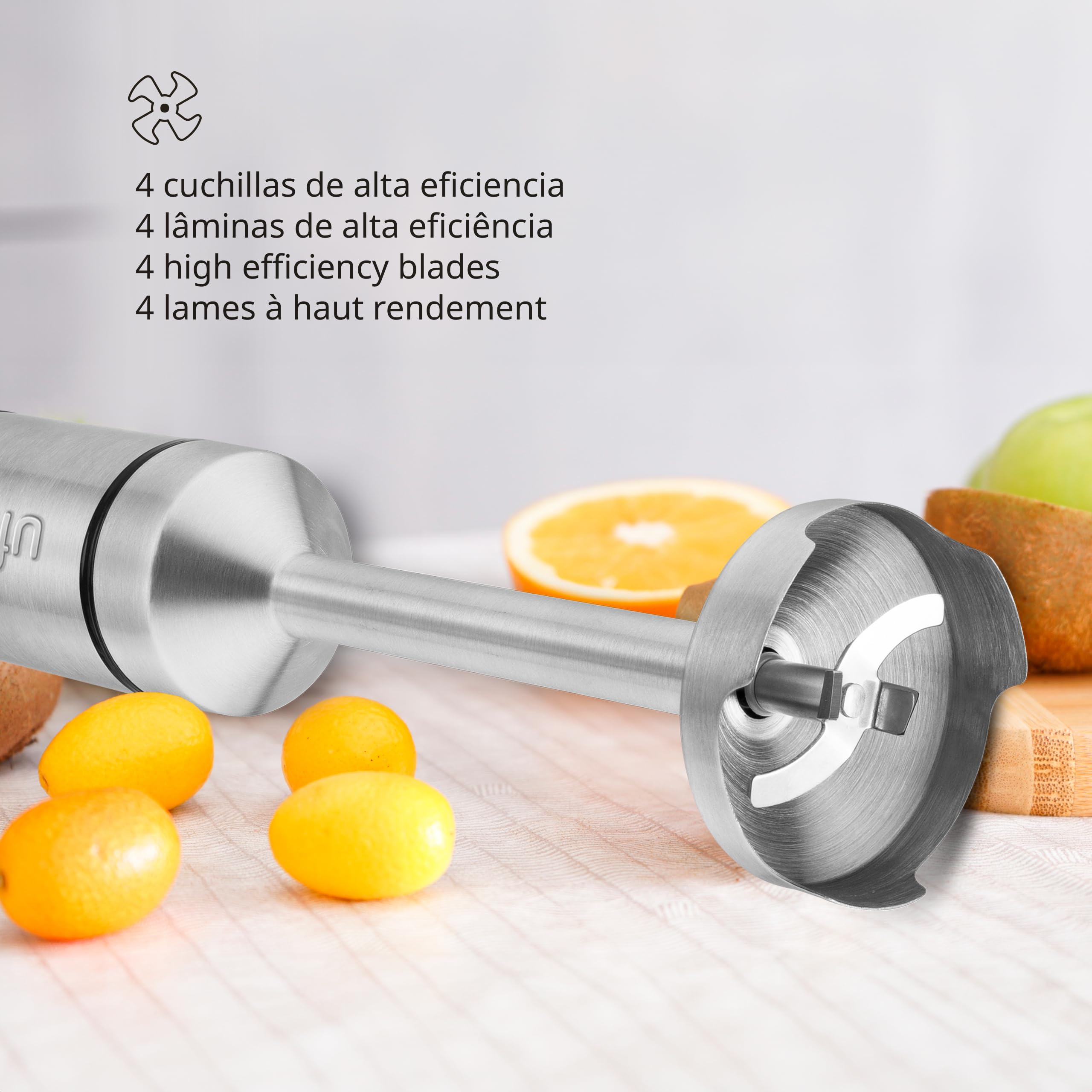 Ufesa Galaxy Stabmixer, Leistung 1200 W, Variabler Geschwindigkeitsregler + TURBO, 4 Edelstahlklingen, Ergonomisches und Spritzfreies Design, Messbecher, BPA-frei