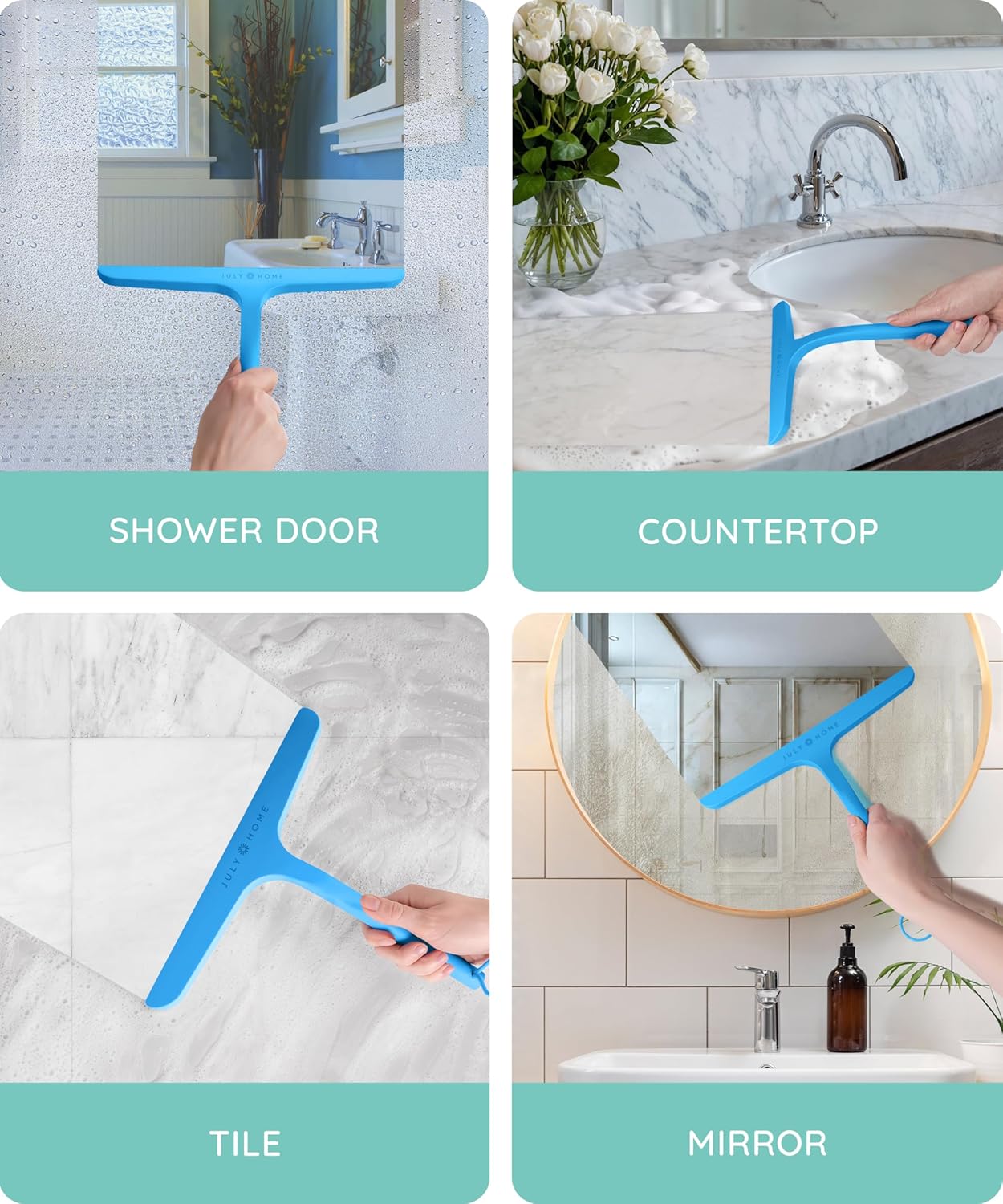 JULY HOME Premium All-Purpose Silicone Squeegee 11 inch, Stainless Steel Core, Shower Accessories - Bathroom Cleaner for Mirror, Car, Window, Tile and Shower Glass Door Cleaner Tool (Blue)