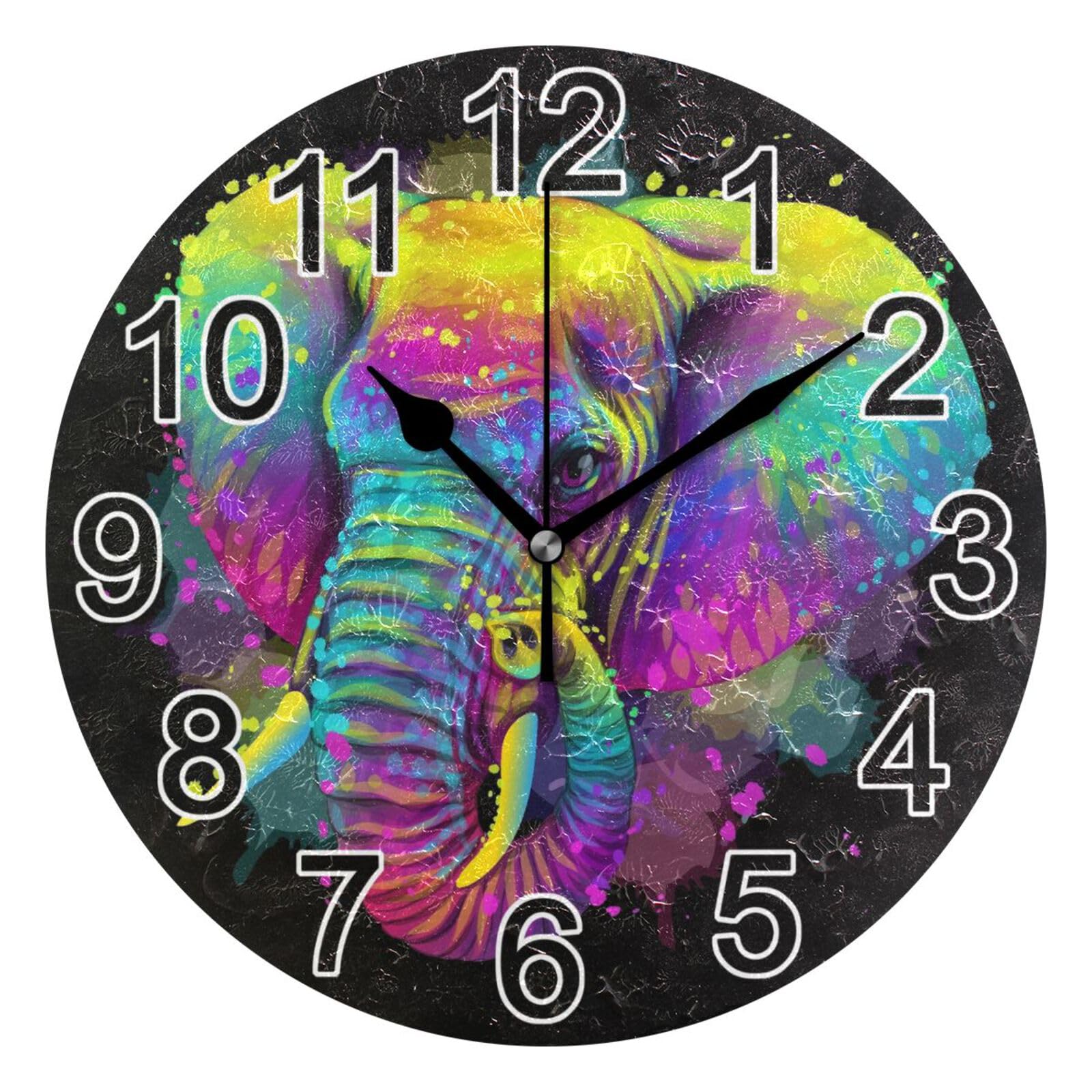 Mnsruu Elephant Neon Abstract Wall Clock Non Ticking Silent Kitchen Clock Battery Operated Clocks Round Decorative for Living Room Bedroom Bathroom Home Office