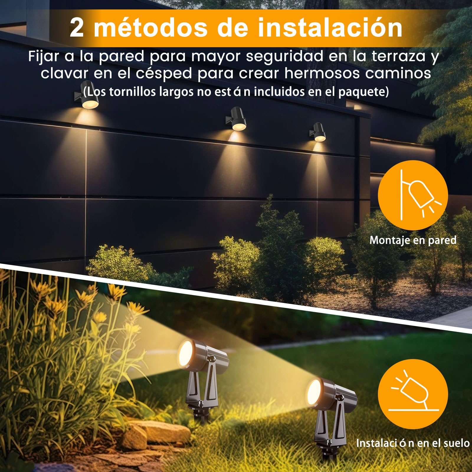 Focos Led Exterior, 95FT/29M 8 * 3W LED Focos de Jardín con Estaca Con función de temporizador y control remoto, Blanco Cálido 3000K IP65 Impermeable, al Aire Libre Iluminación de Caminos para Césped
