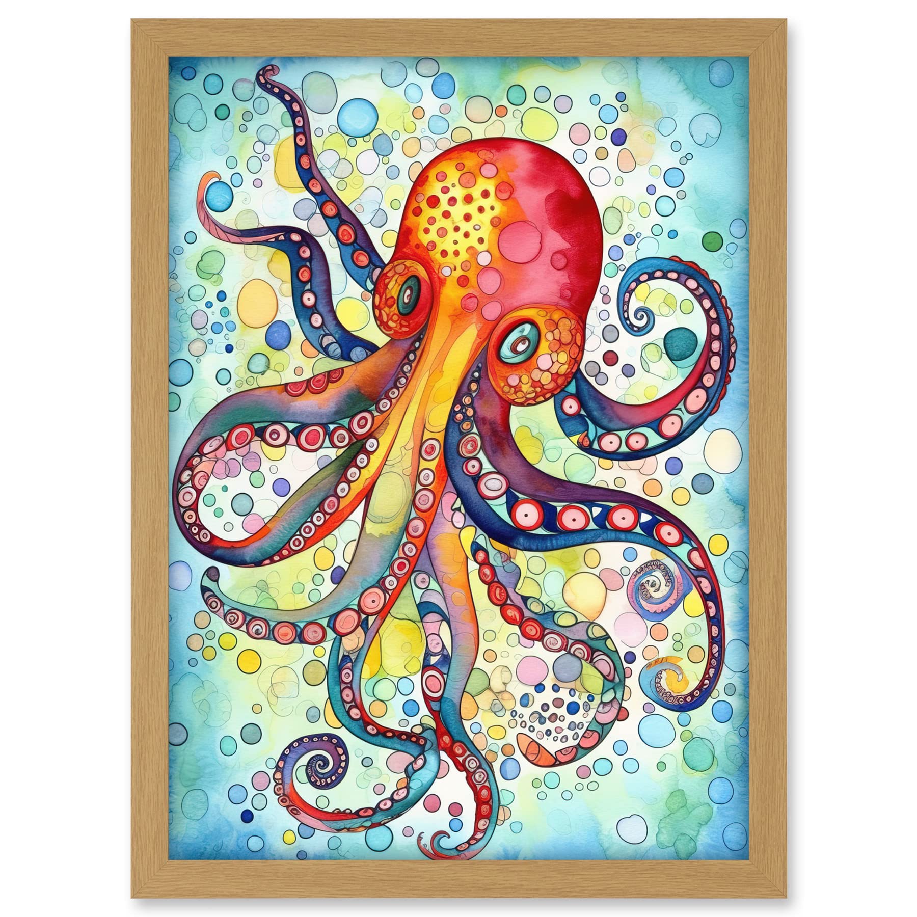 Artery8 Octopus Swimming In Air Bubbles Folk Art Watercolour Painting Artwork Framed A3 Wall Art Print