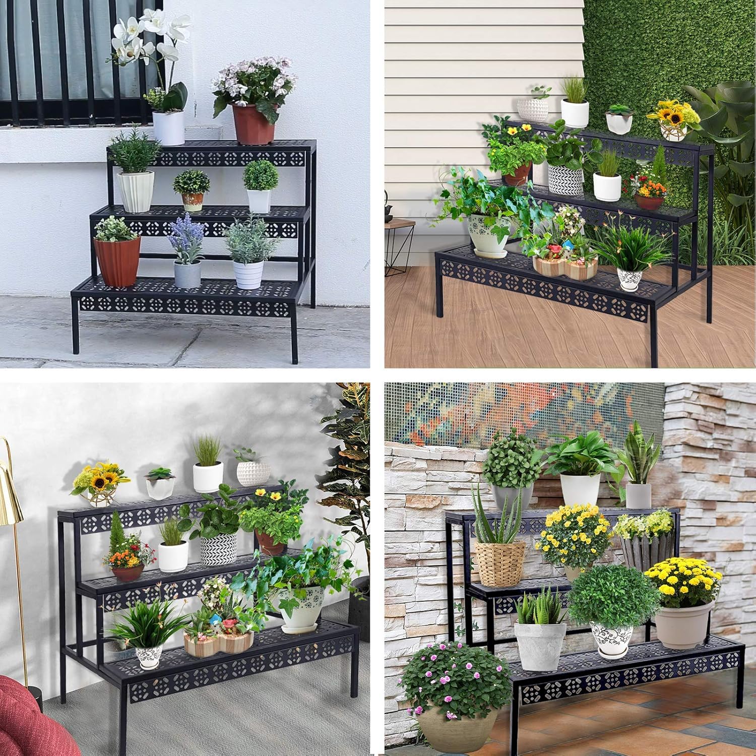 Blumenständer, Pflanzenregal aus Metall, 3 Stufen Pflanzenständer, Blumentreppe mit Großer Kapazität, Blumenregal für Outdoor Indoor Balkon Garten, Modernes Regal für Zimmerpflanzen (Schwarz)