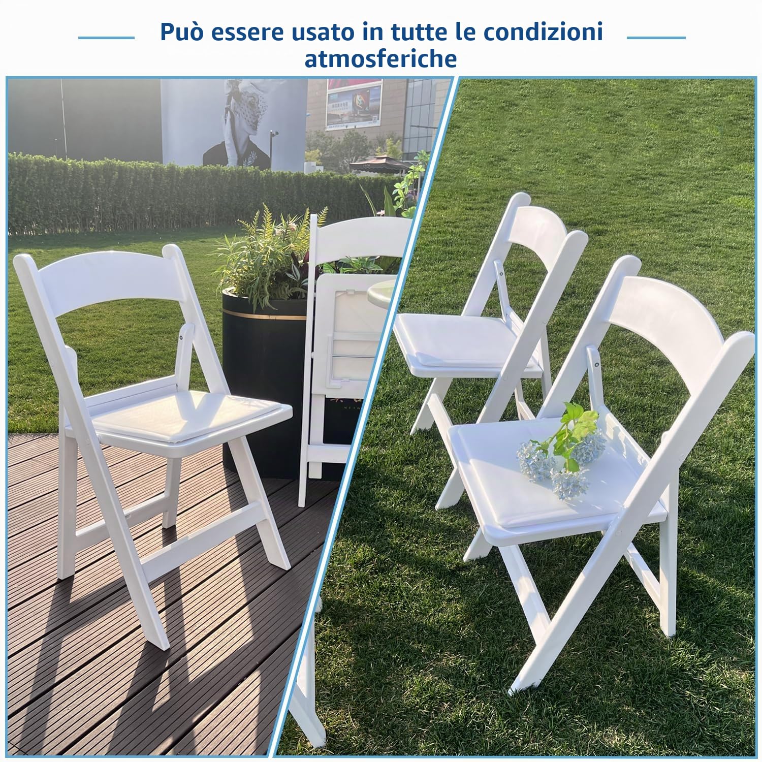 KAIHAOWIN Sedie pieghevoli in resina, confezione da 4, con seduta imbottita in vinile, per interni ed esterni, per eventi, feste, matrimoni, colore: bianco