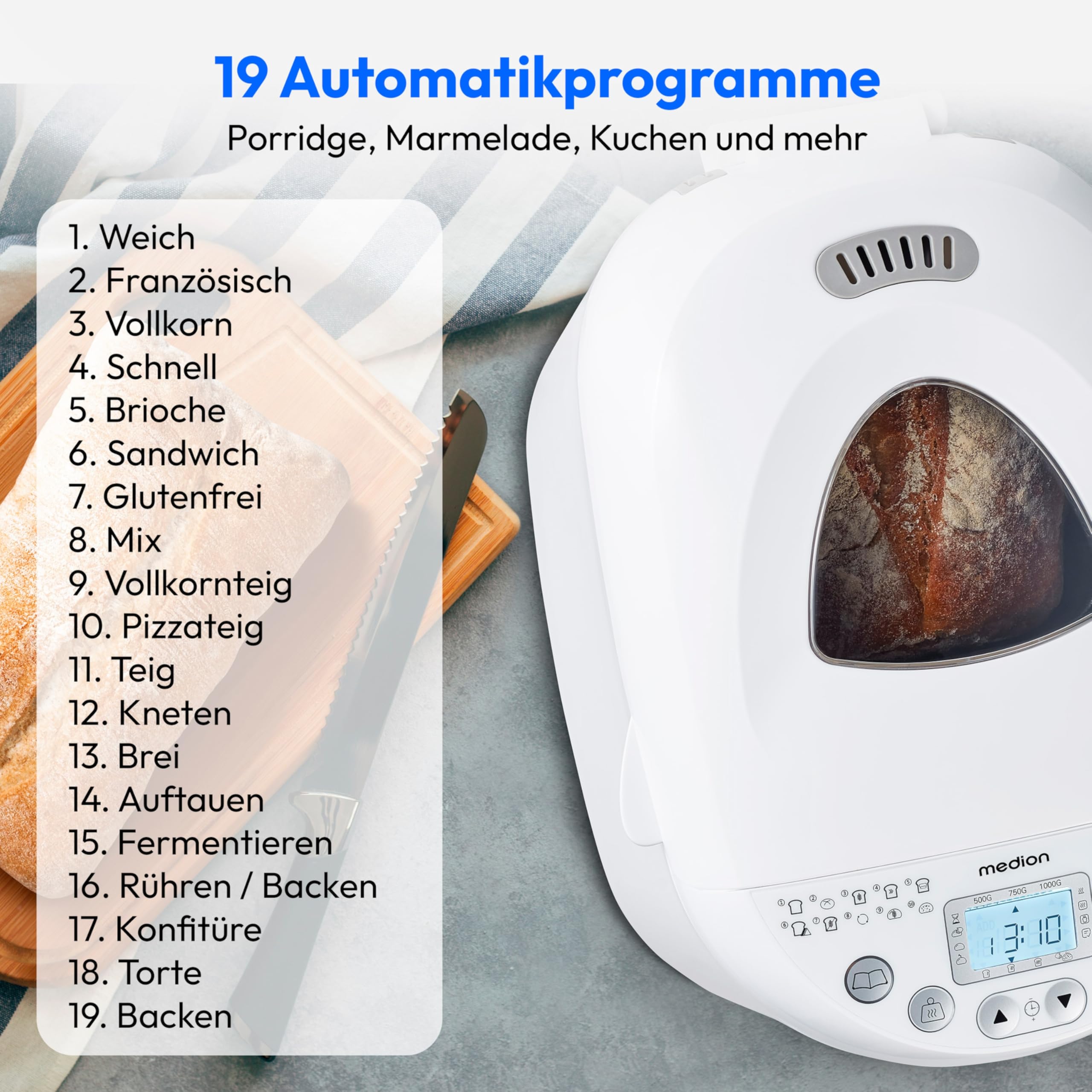 MEDION Brotbackautomat (Brotbackmaschine, 550 Watt, bis zu 1000g, 19 Backprogramme, 3 Bräunungsgrade, Warmhaltefunktion, Zeitvorwahl MD 11011)