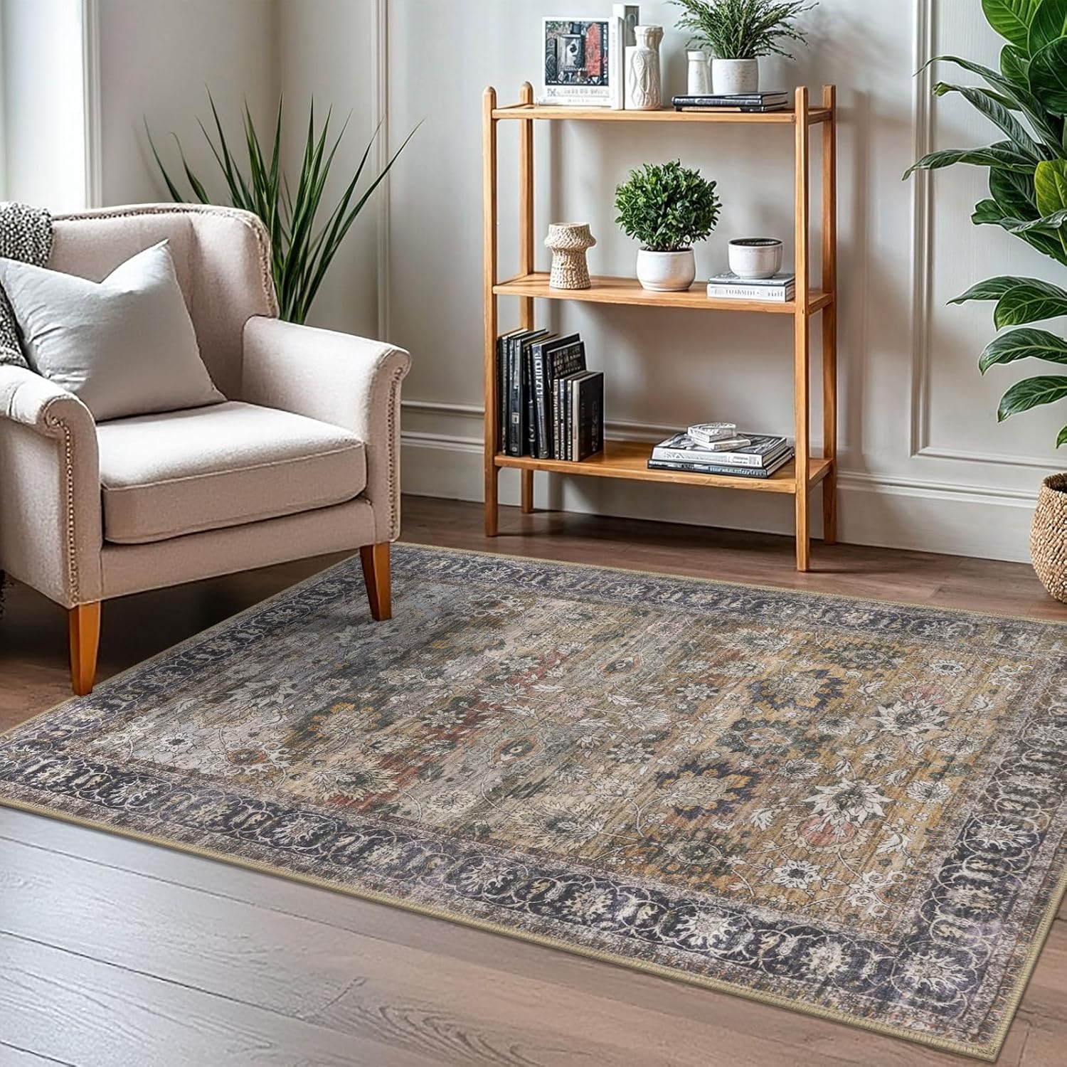 KOZYFLY Washable Area Rug 3x5 Multi-Color Floral Non Slip Rugs for Entryway, Low Pile Printed Traditional Throw Rugs for Bedroom, Kitchen, Kids Room, Office, College Dorm, Nursery, Living Room