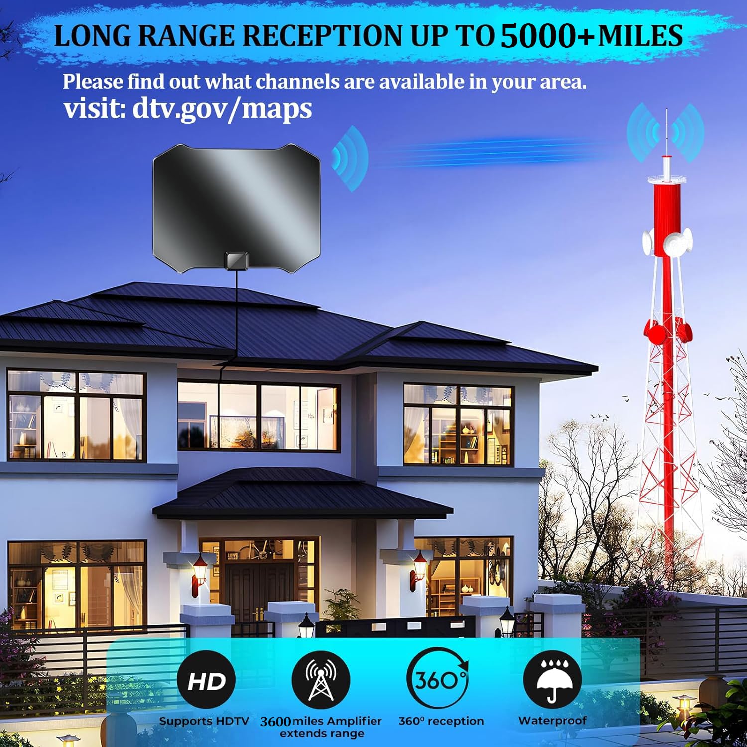 Antenna TV 2026 per Smart TV, antenna interna per canali locali fino a 5000+ miglia, antenna TV digitale con amplificatore di segnale, cavo coassiale 4K 1080p - 4 m
