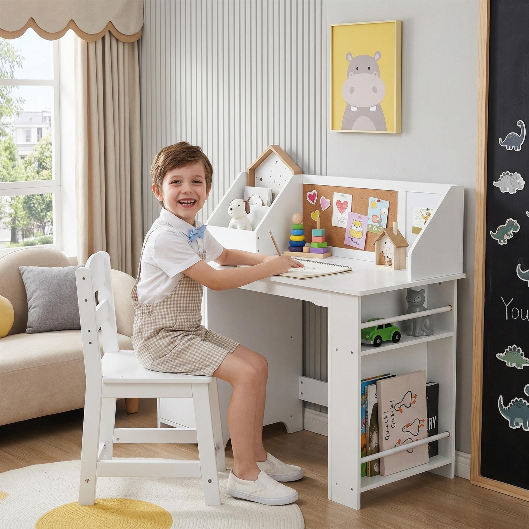 GarveeHome Kids Study Desk and Chair Set, Wooden School Learning Table with Storage, Hutch and Bulletin Board, Children Computer Desk with Chair,