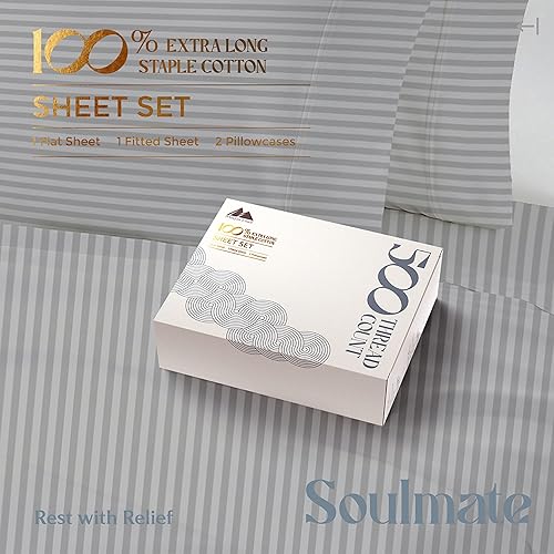 Miniatura 3 de Mayfair Linen Juego de sábanas de 500 hilos 100% algodón egipcio a rayas, sábana tamaño King de algodón de fibra larga plateada, se adapta a