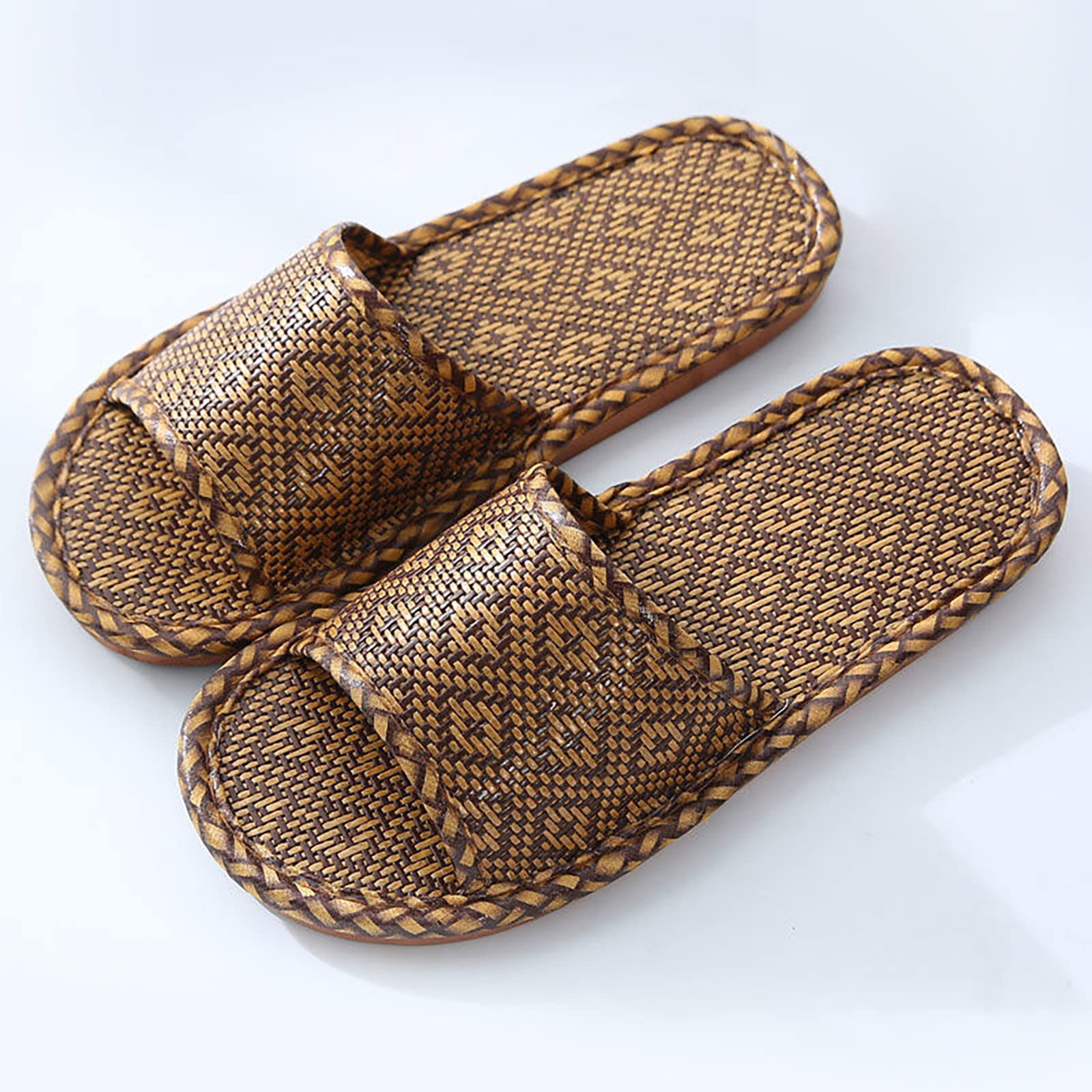 Generico Sandalias bajas para mujer con banda ancha – Zapatillas de verano para casa zapatillas Slide planta ancha Slippers sin tacón cómodas zapatillas de mimbre trenzadas planas ligeras cómodas para