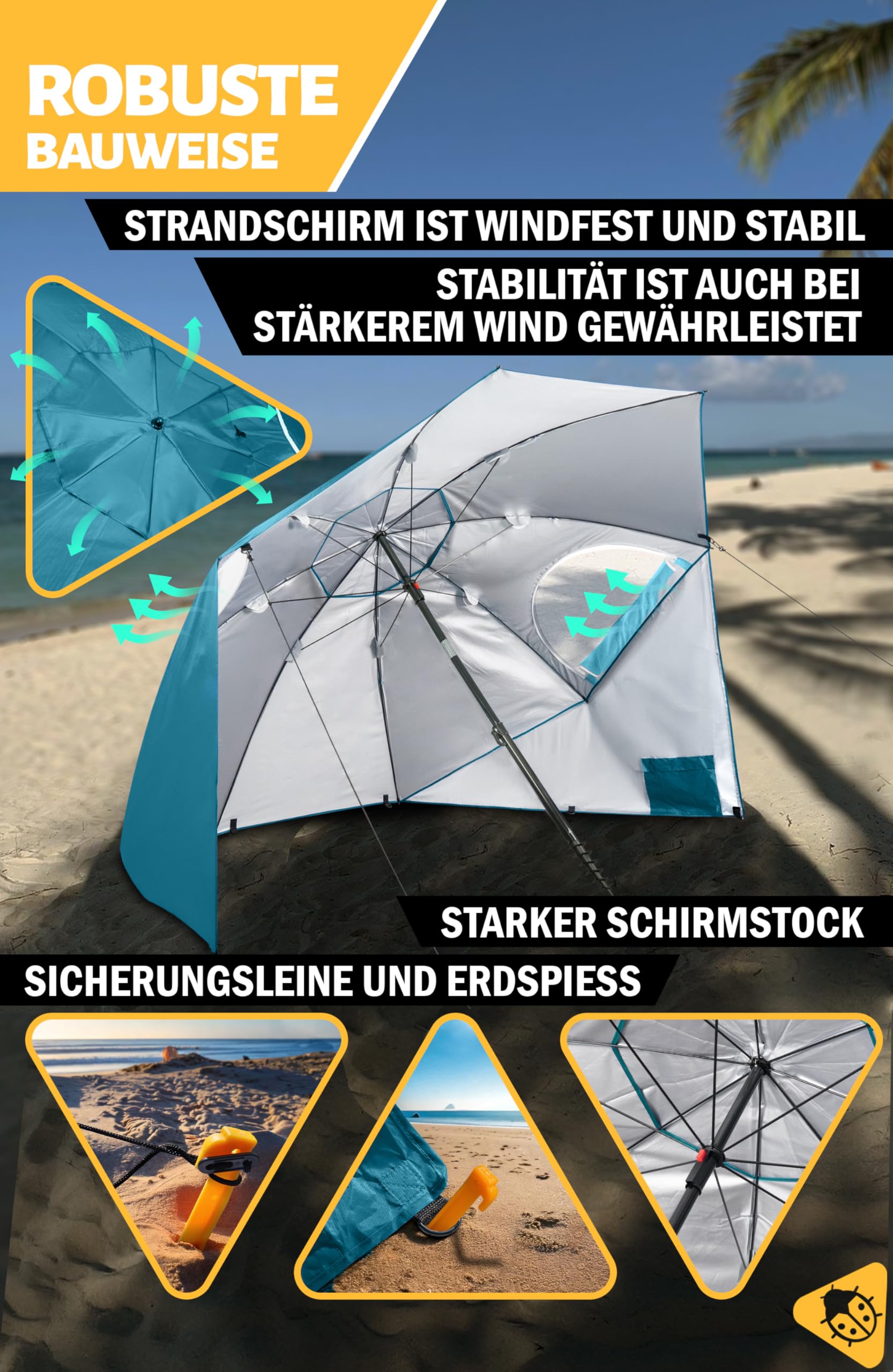Menz Sonnenschirm Strand windfest stabil Ø 220 cm - Funktionale UPF 50+ Sonnenschirm Muschel, Strandschirm mit Seitenwand, Sonnenschutz Strand, Fb. Türkis