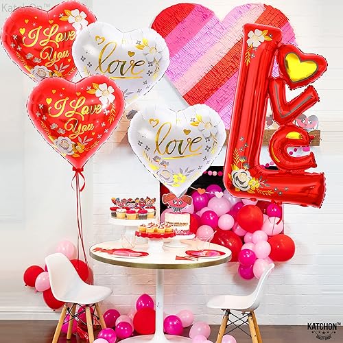 Miniatura 6 de Katchon, Big I Love You - Juego de globos de 44 pulgadas, paquete de 5, globos de San Valentín, globos de corazón blanco y rojo, globos de feliz día