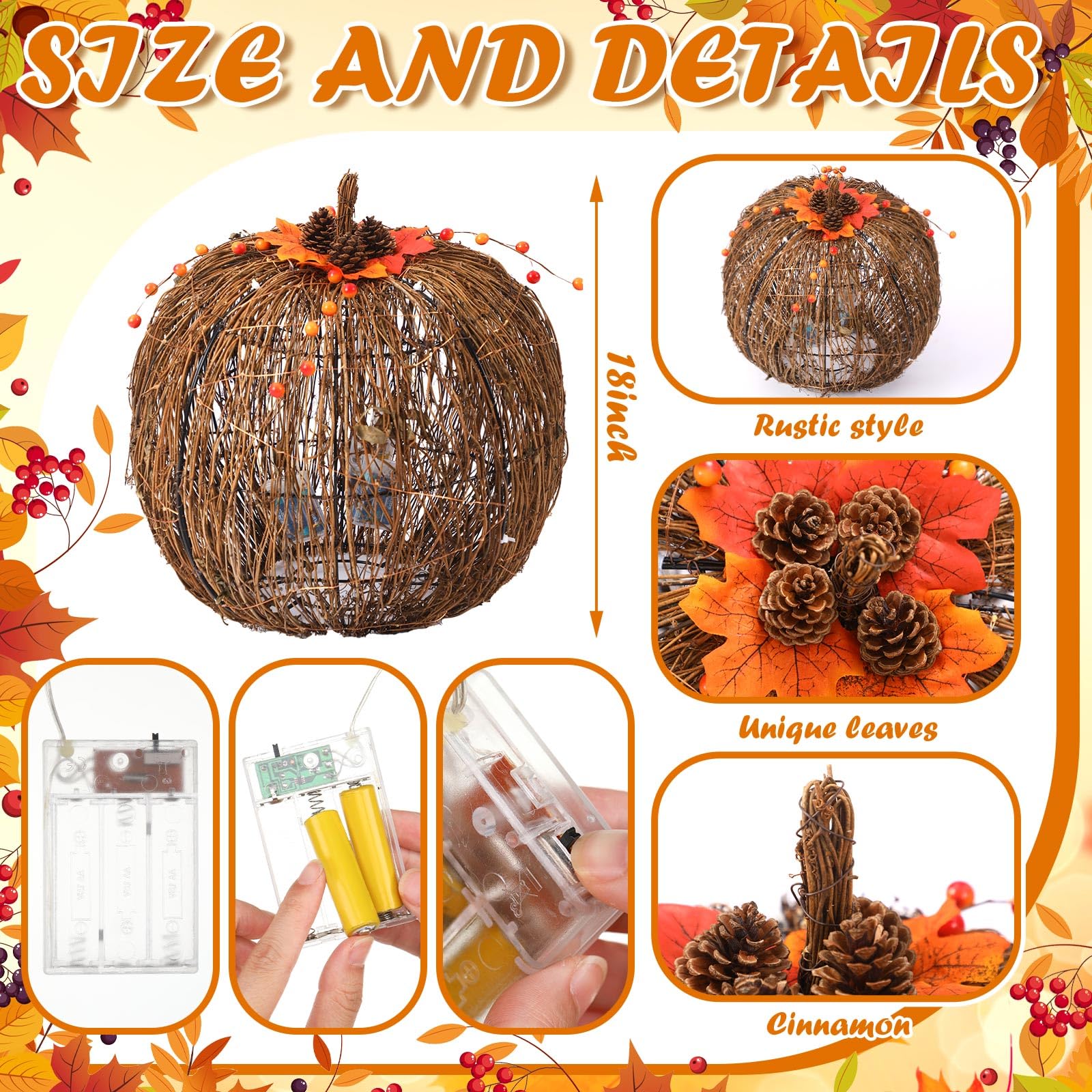Wonderjune Lot de 2 citrouilles artificielles en rotin - Lanternes en rotin - Éclairage LED - Pour intérieur et extérieur - Décoration d'Halloween - Thanksgiving - Pour porche (marron, 45,7 cm, 52 cm)