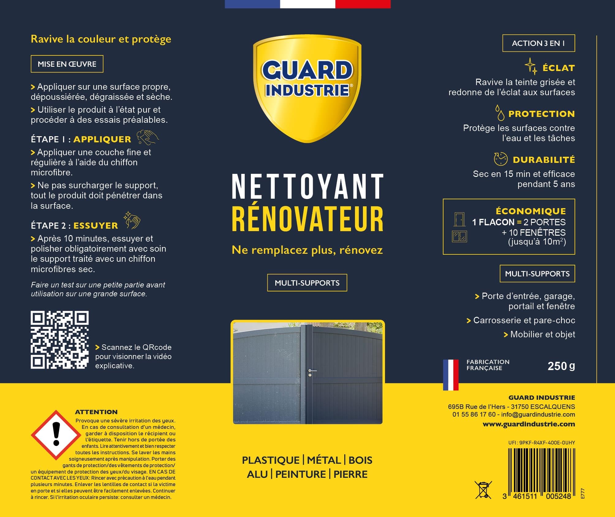 GUARD INDUSTRIE - Nettoyant Rénovateur - Ravive Couleurs Peinture, Plastique, Métal – Antitache 5 ans – 250 G-Traite 2 Portes et 10 Fenêtres - Chiffon microfibre inclus