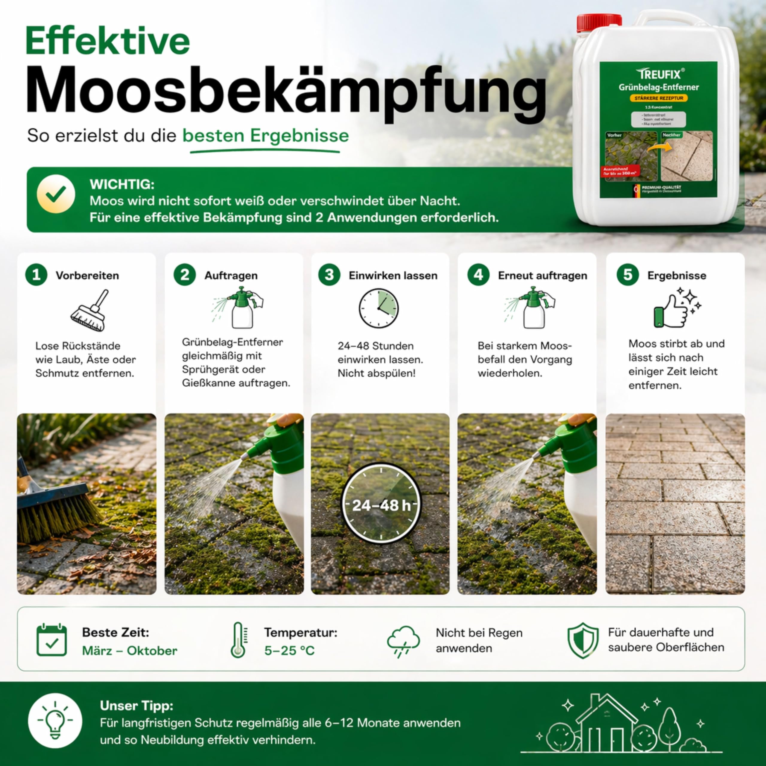 Treufix Grünbelagentferner & Moosentferner Konzentrat 5L | [Chlor- und säurefrei] Entfernung von Grünspan, Grünbelag & Moos |Steinreiniger für Pflastersteine, Terrassen - Made in DE