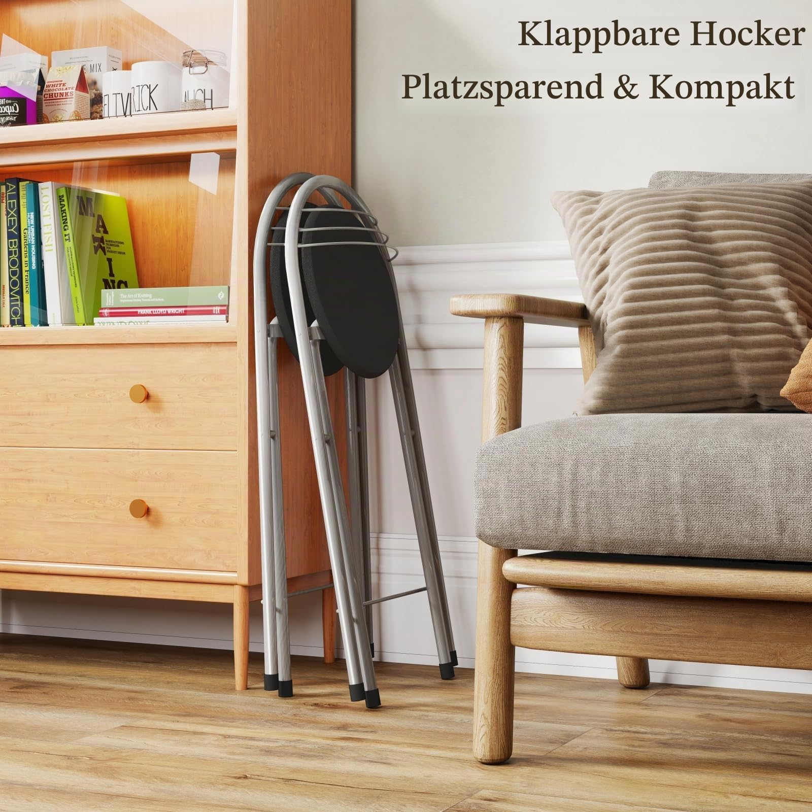 Barhocker Klappbar 2er Set, Klappbarer Barhocker mit Lehne Faltbar Klapphocker Tragbarer Hocker Klappbar für Bar Küche Balkon oder Outdoor, Sitzhöhe 61 cm, Schwarz und Silber