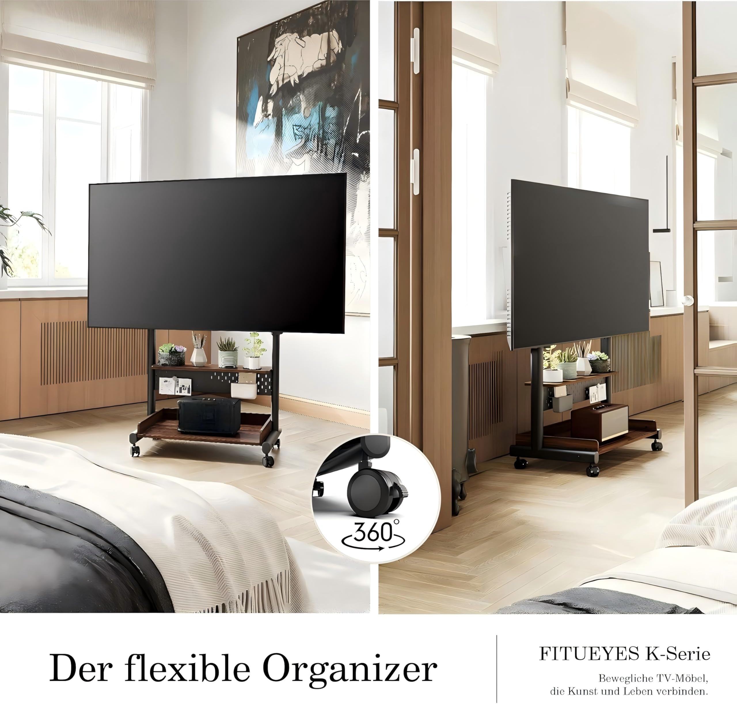 FITUEYES TV Ständer Rollbar Fernsehständer mit Rollen Bodenständer TV Rollwagen für 40-85 Zoll Fernseher höhenverstellbar hoch Max 60KG VESA 600x400 mm