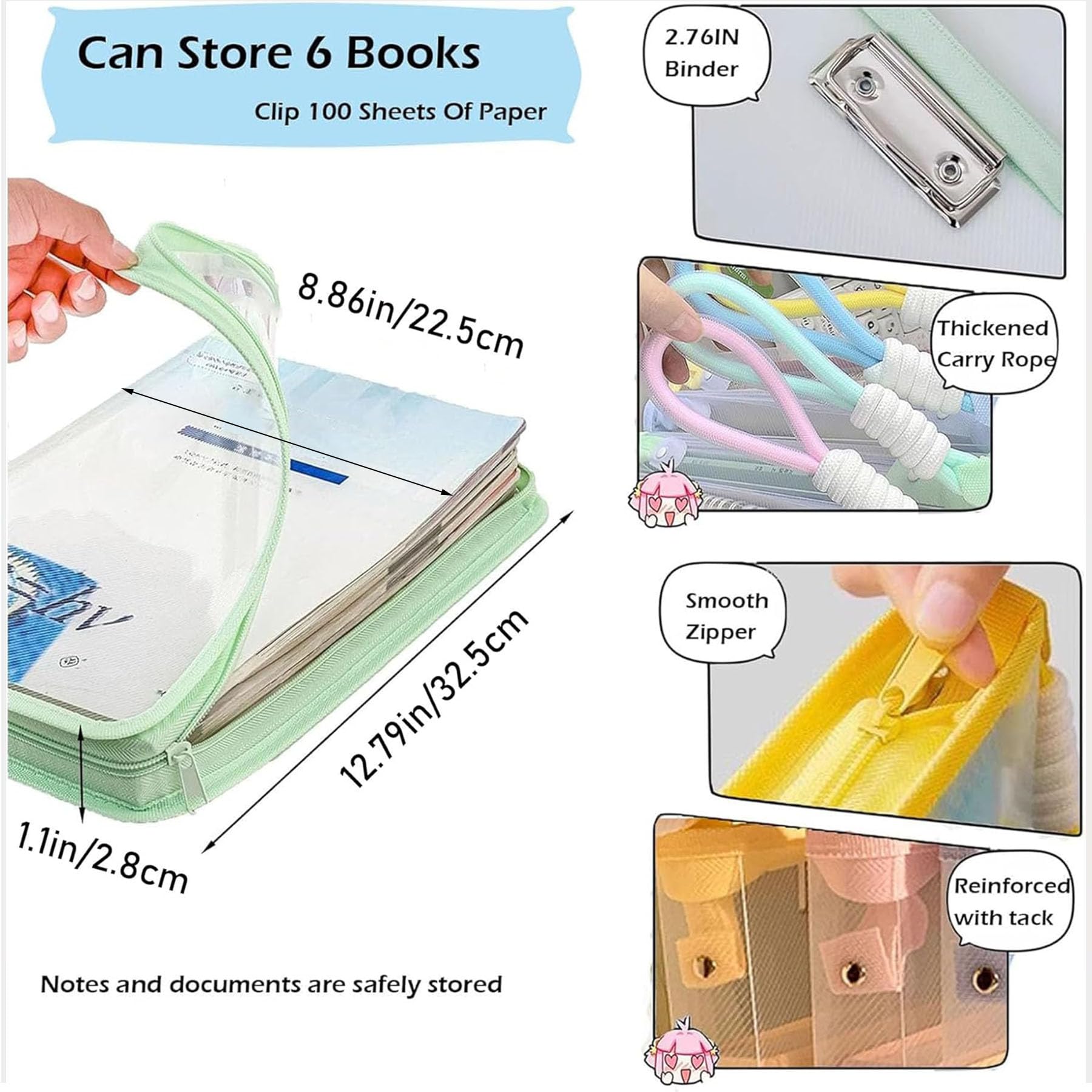 Funda para libros con cremallera, fundas transparentes A4 impermeables con carpeta, organizador de bolsas de libros para la escuela, aula, biblioteca, bolsillos, estudiantes, regalos para amantes de