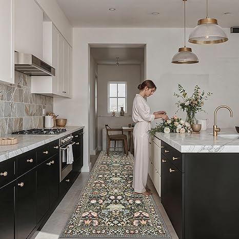 Wide Hallway Washable Runner Rug: 3x10 Water-Resistant Entryway Area Rug Vintage Soft Carpet for Living Room Non Slip Indoor Farmhouse Floor Mat for Bathroom Laundry Room(3x10,Green)