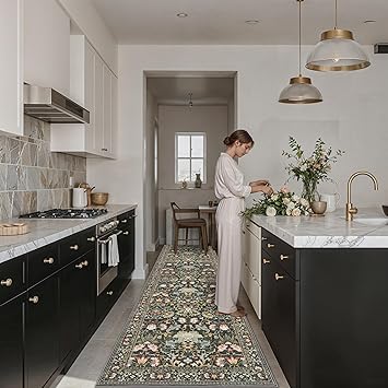 Wide Hallway Washable Runner Rug: 3x10 Water-Resistant Entryway Area Rug Vintage Soft Carpet for Living Room Non Slip Indoor Farmhouse Floor Mat for Bathroom Laundry Room(3x10,Green)