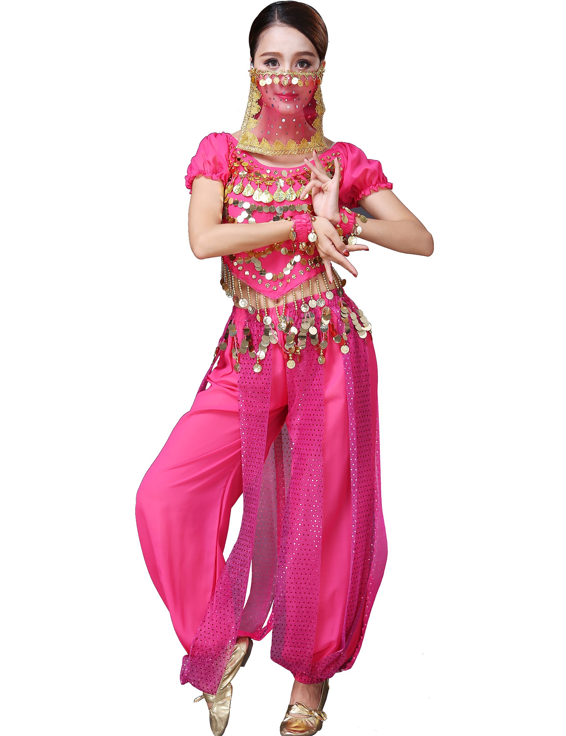 Astage Belly Dance Halloween Costume Top Pants Veil Bracelets Headdress Sets Hotpink
