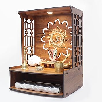 Heartily® Mangal Beautiful Wooden Pooja Stand for Home Pooja Mandir for Home Temple for Home and Office Puja Mandir for Home Wall Mounted with LED Spot Light Size (H- 15.5, L- 11.5, W-11 Inch) - image, photos