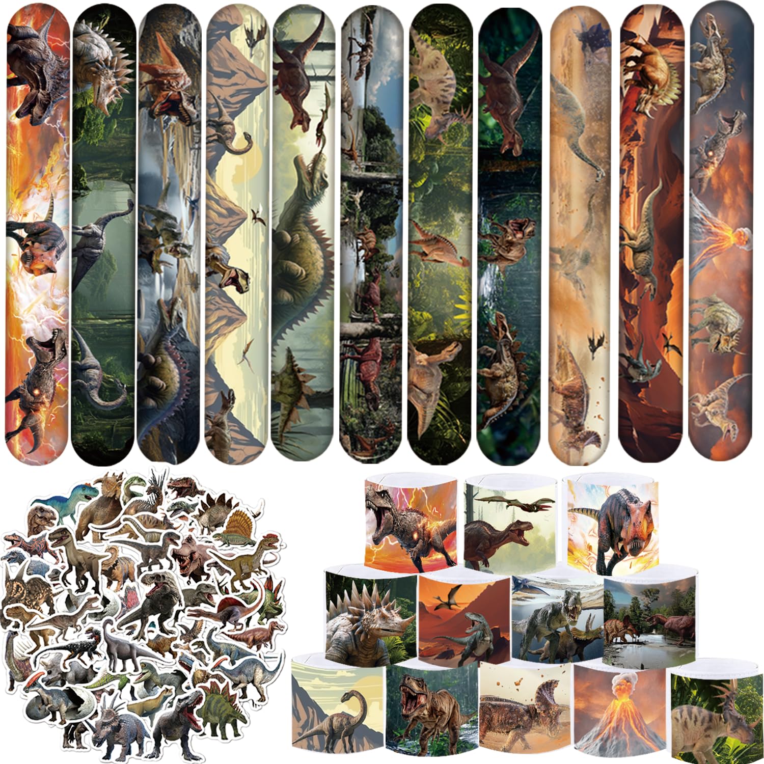 Realistic Dinosaur Party Favors, 24 Pcs Dinosaur Slap Bracelets, 50 Pcs Dinosaur Stickers Dinosaur Party Decorations for Forest Dinosaur Dino Party