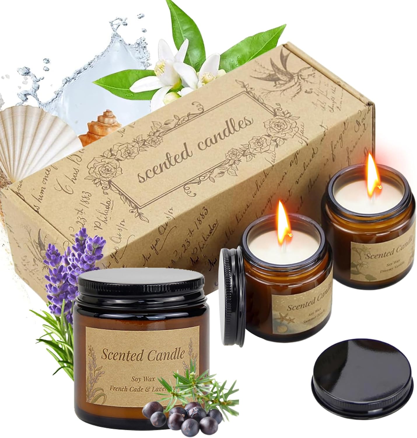 Mothers Day Gifts for Mom 3 Pack Candles for Home Scented Aromatherapy Candle Gift Set for Women,Vanilla,Juniper&Lavender,Beach,Long Lasting Burning Amber Jar Soy Wax Candles for Birthday Anniversary