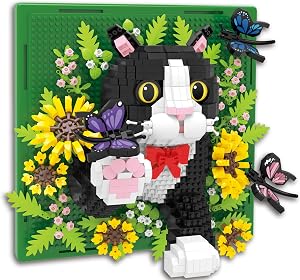 Flowers Tuxedo Cat Animal 3D Wall Art Micro Mini Building Blocks Set, Unique Home Wall Decor or Table Display, No Compatible with Lego, Ideal Gift Toy for Adults & Boys Girls 14+ (1402 PCS)