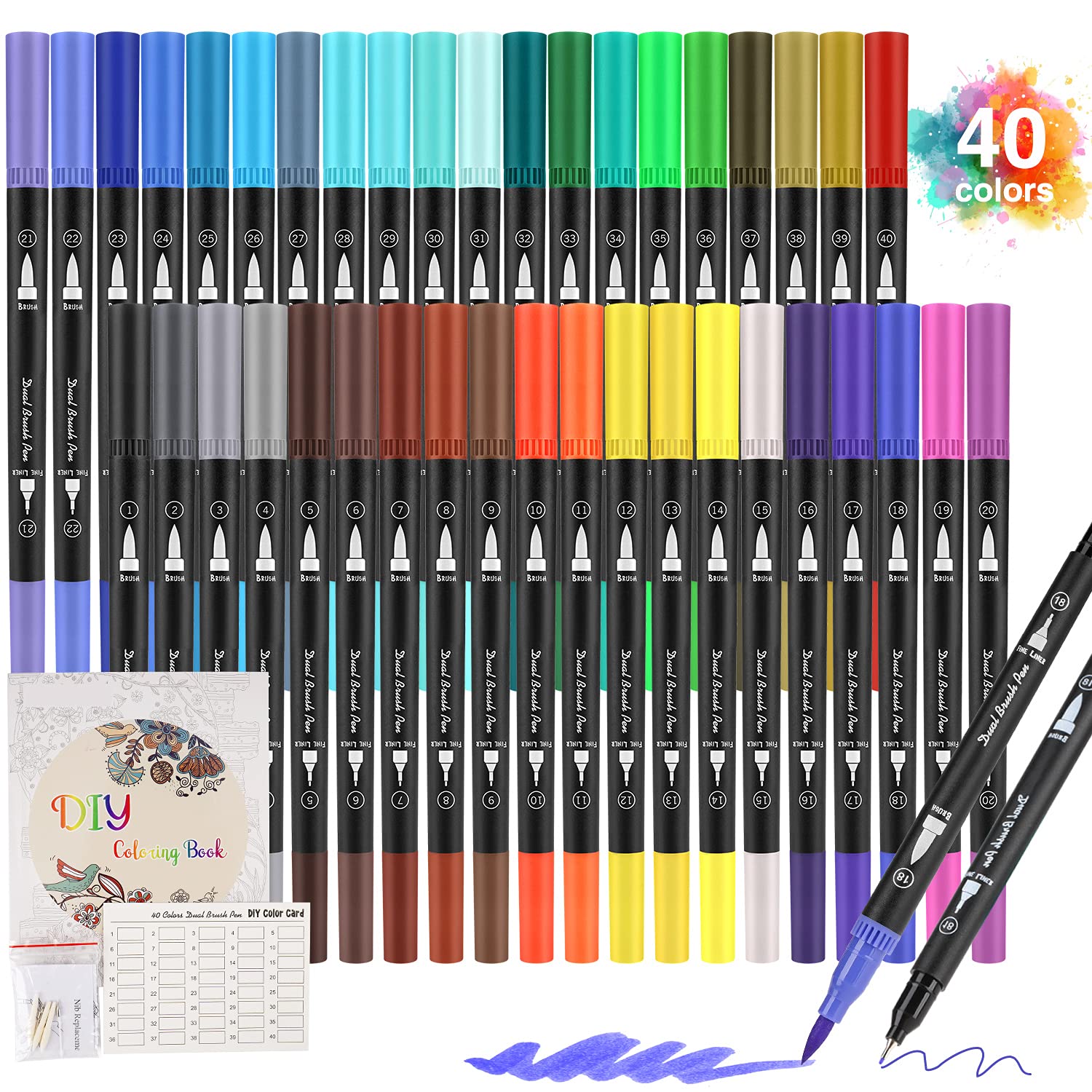 Pennarelli Doppia Punta Brush Pen, 40 Colori Punta Fine Pen 0,4 mm e 1-4mm Punta Brush, per Bambini e Adulti Calligrafia, Pittura, Colorazione, Disegnare a Scuola