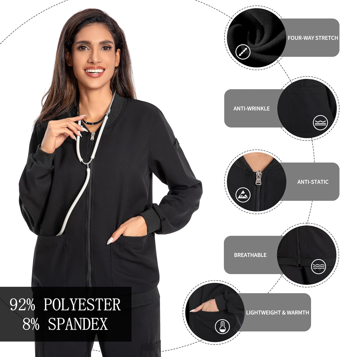 Scrub Jackets for Woman, Zip Front Nurse Jacket-4-Way Stretch Fabric Coat - Image 3