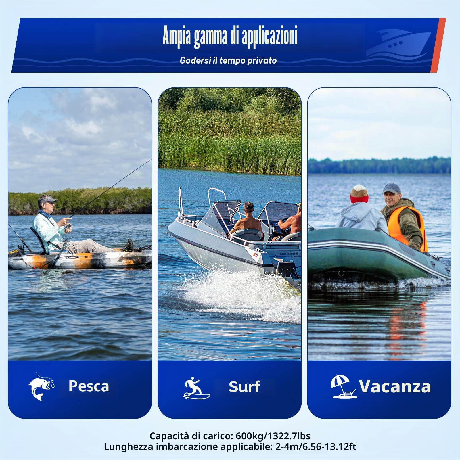 Motore Fuori Bordo Elettrico, 12V 66LBS, Barca Kayak | Rame Puro 660W, Elica 3 Pale, Pesca Fiume Acquacoltura, Manico telescopico, Carico 600kg