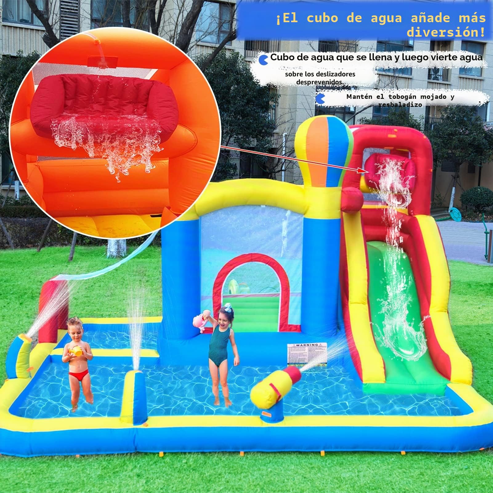 Baralir Castillo Hinchable para Interiores, tobogán seco y Agua, Adecuado para niños de 3 a 8 años, Castillo Hinchable para Exteriores con Ventilador, 343 x 338 x 202 cm