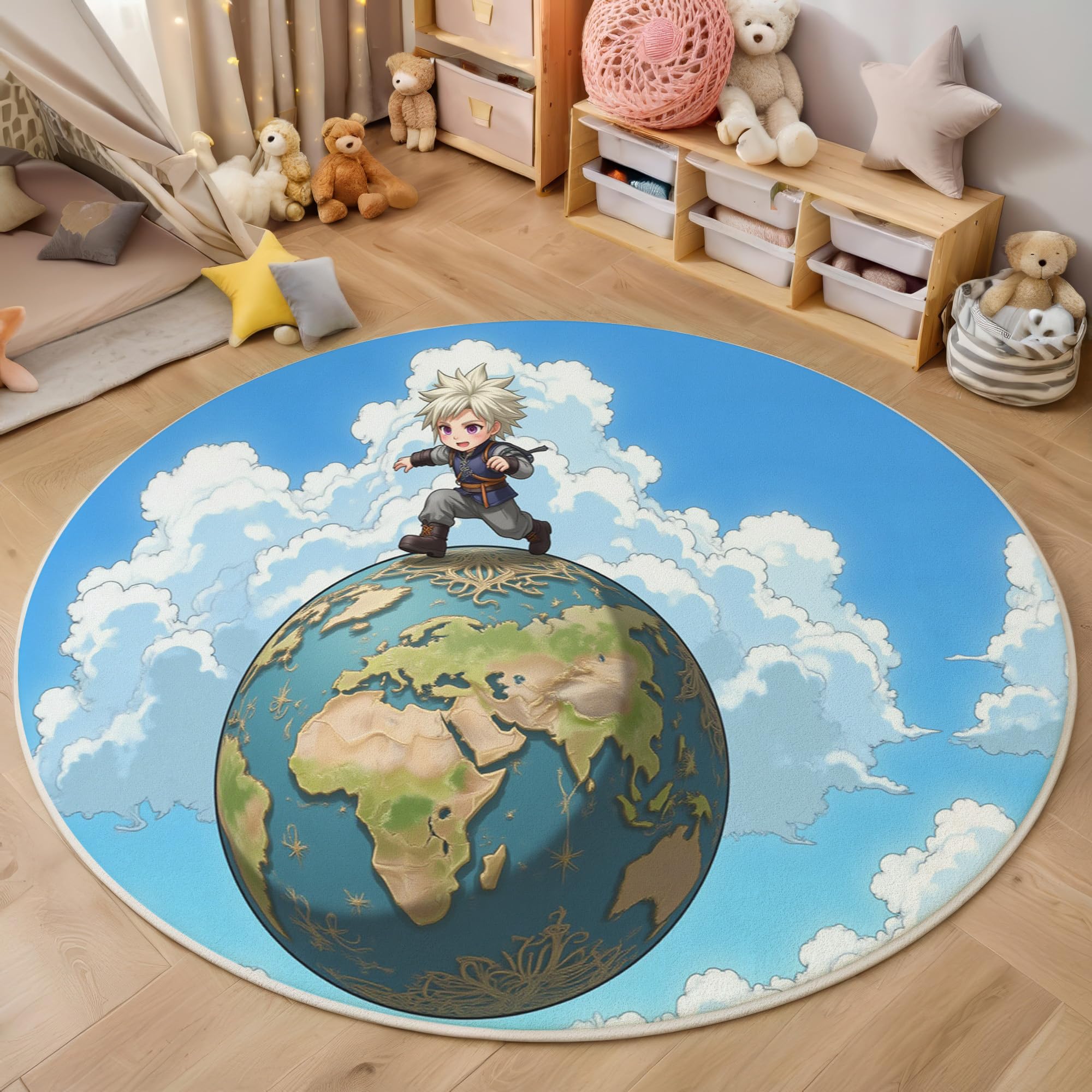 Tapis rond bleu motif nuage blanc | Tapis de salon lavable et antidérapant