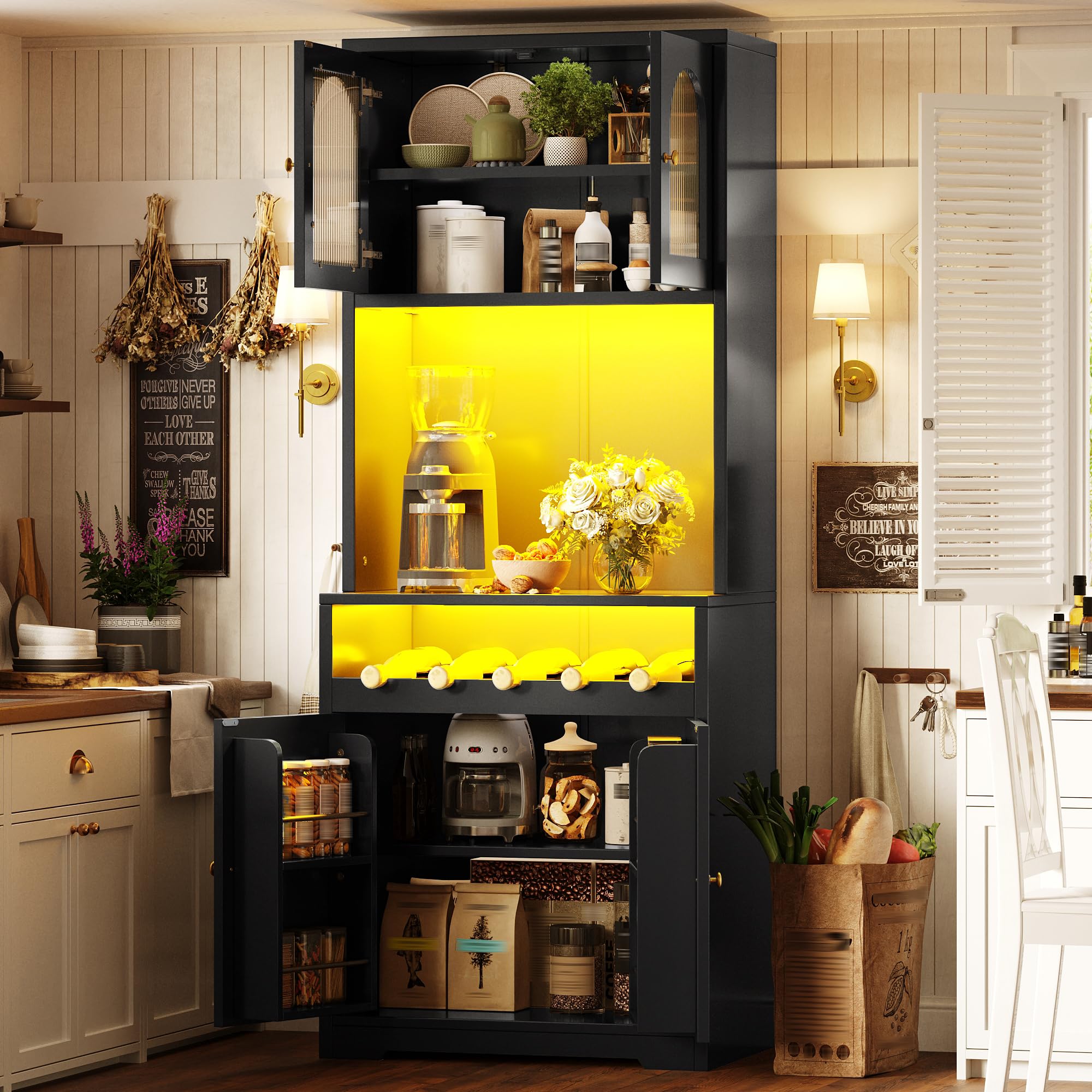 180cm Hoch Küchenschrank mit LED Beleuchtung & Weinregal, Schwarz