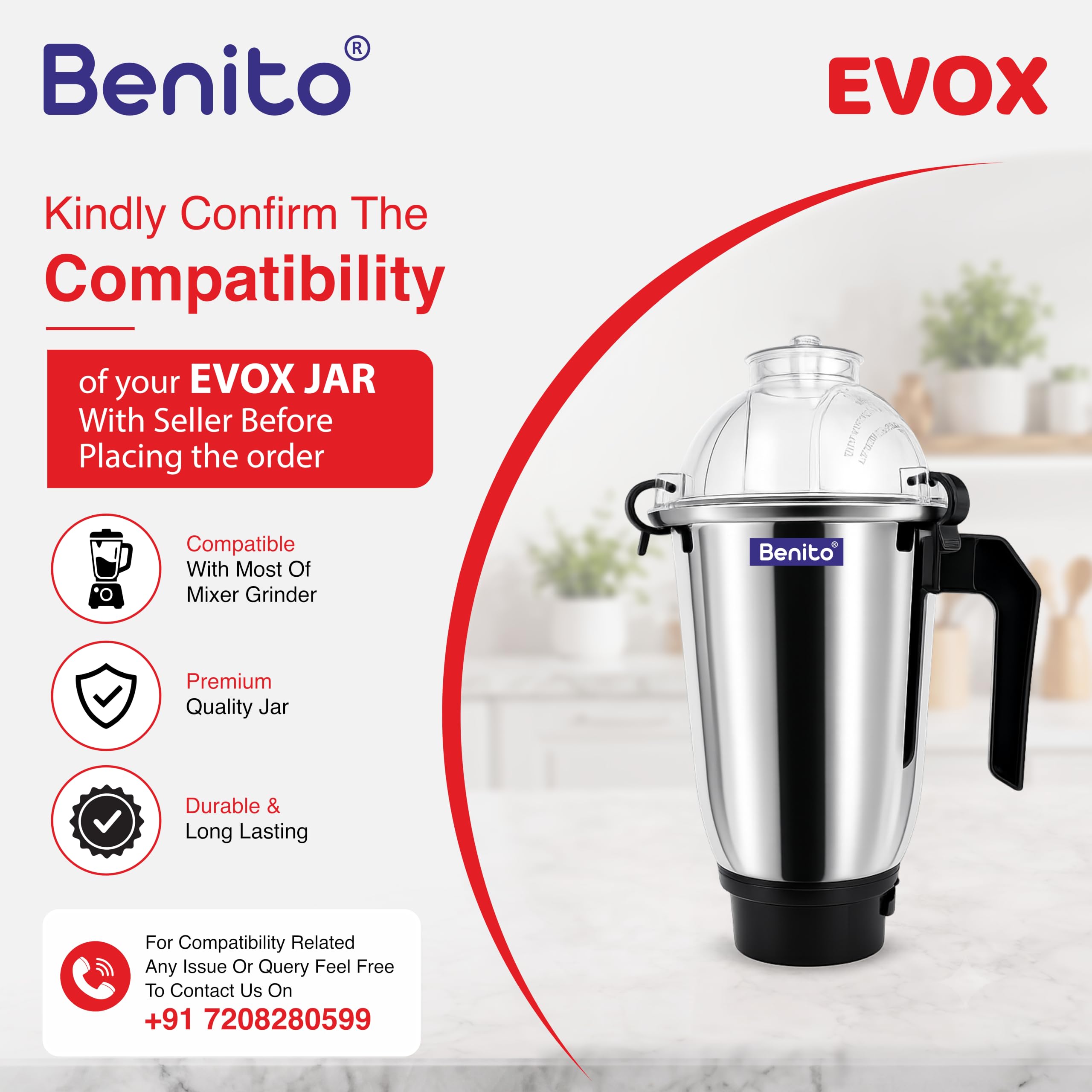 Benito Evox Stainless Steel Dry & Wet Jar (1500ml) for Mixer Grinder – Compatible with 4-Teeth Coupler & Dual Locking System — Amazon image 6
