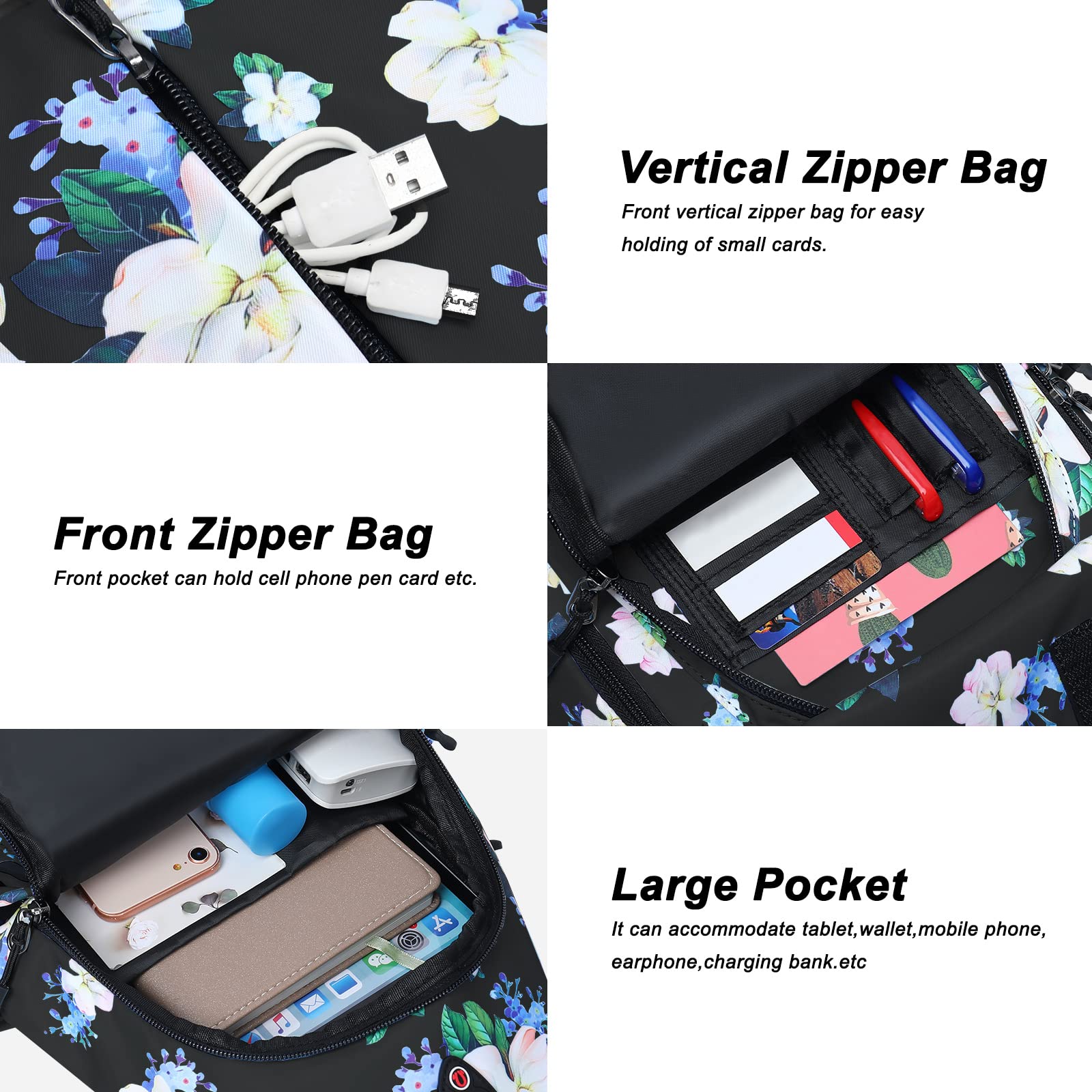 MOSISO Sling Backpack, Myrtle Flower Crossbody Travel Hiking Daypack Chest Bag with Anti-theft Pocket, Black