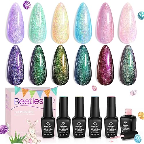 Beetles Glitter Gel Nail Polish Set – Spring 6 Colors Soak Off UV LED Sparkle Gel Polish Kit, Purple Yellow Green Red Pink Glitter Nail Gel for Nail Art, Overlay or Base DIY Manicure and Salon Use