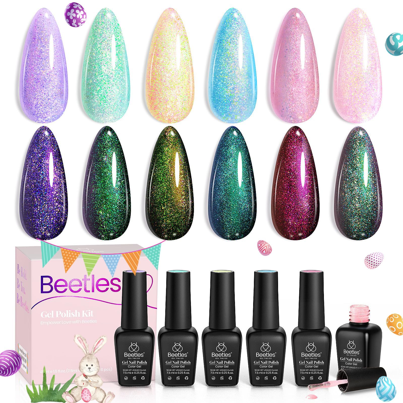Beetles Glitter Gel Nail Polish Set – Spring 6 Colors Soak Off UV LED Sparkle Gel Polish Kit, Purple Yellow Green Red Pink Glitter Nail Gel for Nail Art, Overlay or Base DIY Manicure and Salon Use