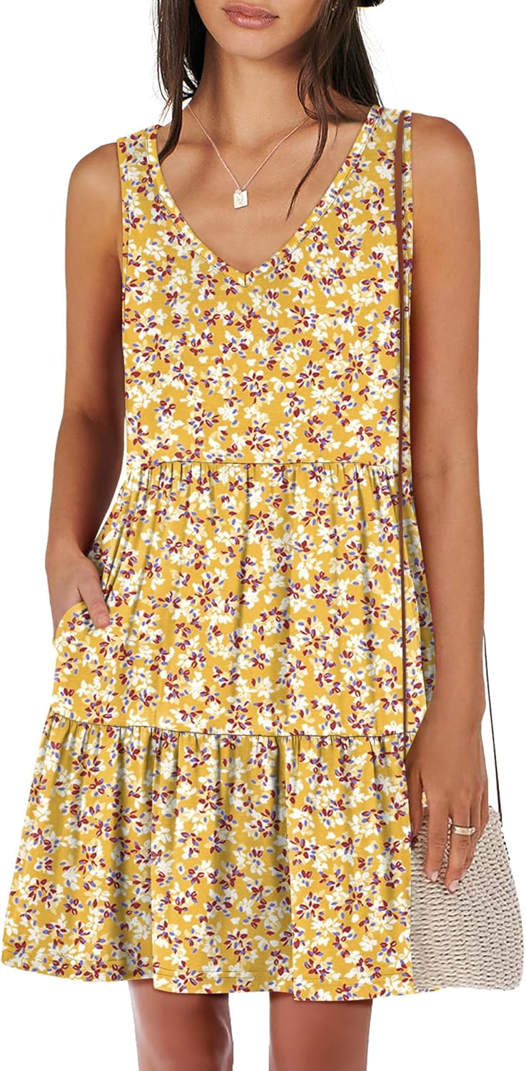 Casual tank dress, sleeveless, V-neck, flowy, tiered swing style