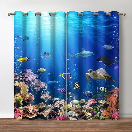 Miniatura 1 de Jekeno Cortinas opacas con diseño de animales marinos, mundo submarino, tortuga, tiburón, peces corales, paisaje, decoración para dormitorio, sala