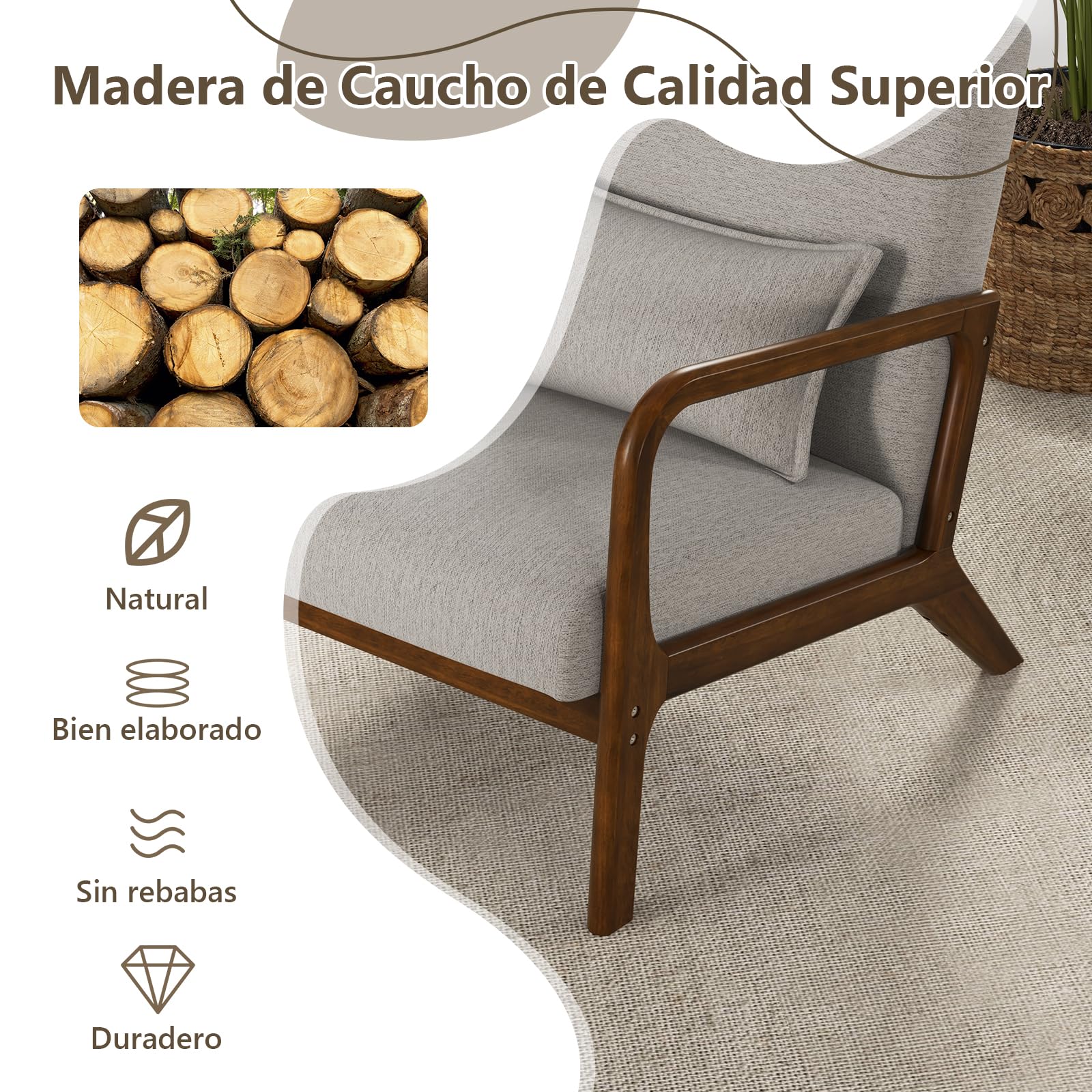 GIANTEX Silla de Ocio Moderna, Butaca de Lectura con Asiento Acolchado y Respaldo, Sillón de Madera de Goma con Cojín Lumbar, Silla Individual de Relax para Estudio, Salón (Gris)