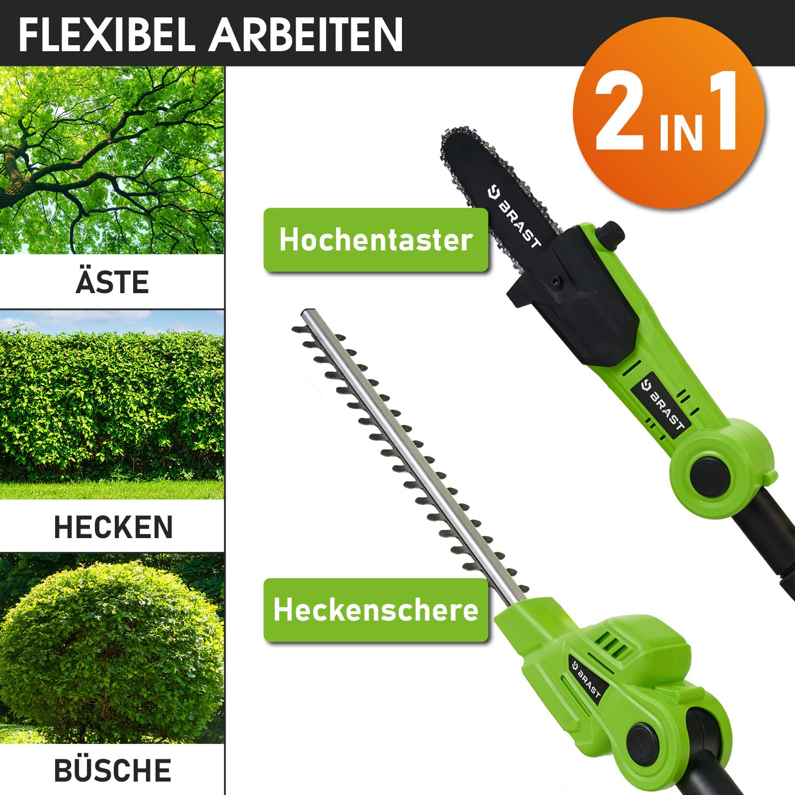 BRAST® Teleskop-Heckenschere und Hochentaster | 2in1 Funktion | 2X 20V 4Ah Akkus + Ladestandsanzeige | stufenlos verstellbar | inkl. Schnellladegerät, gummierter Griff + Schultergurt